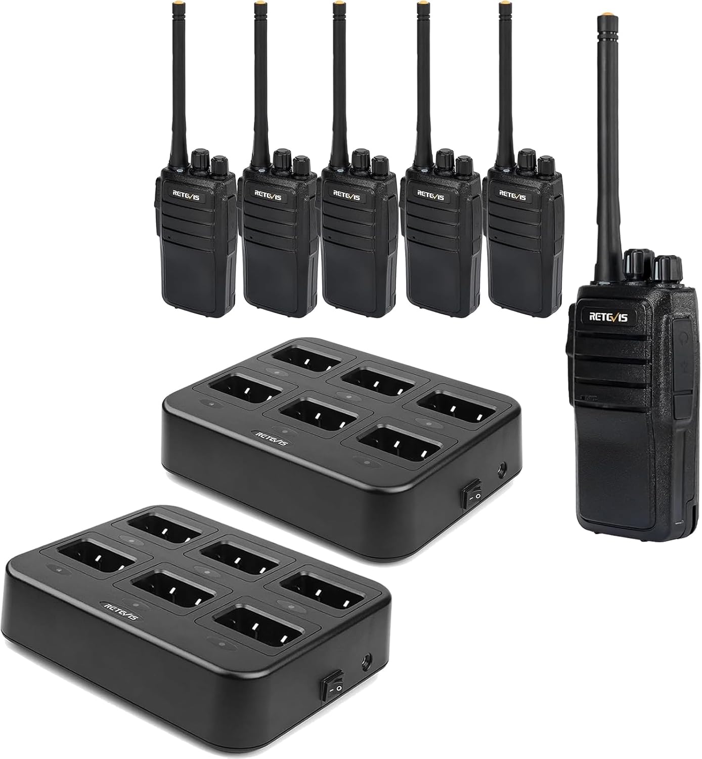 Retevis RT21 Walkie Talkies(6 Pack) Bundle with Six Way Charger(2 Pack), Two Way Radios Long Range Rechargeable Adults, 3000mAh Battery, with Six-Way Charger, for Security Warehouse Jobsite