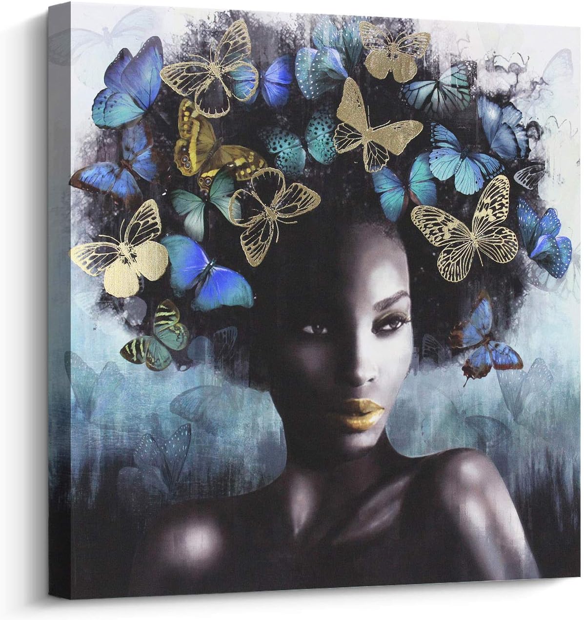 Pi Art Canvas Wall Art Abstract Sexy Beauty with Butterflies Gold and Red Wall Decor, African American Black Art Modern Wall Painting for Home Decor Stretched Ready to Hang (32x32 inch, B)