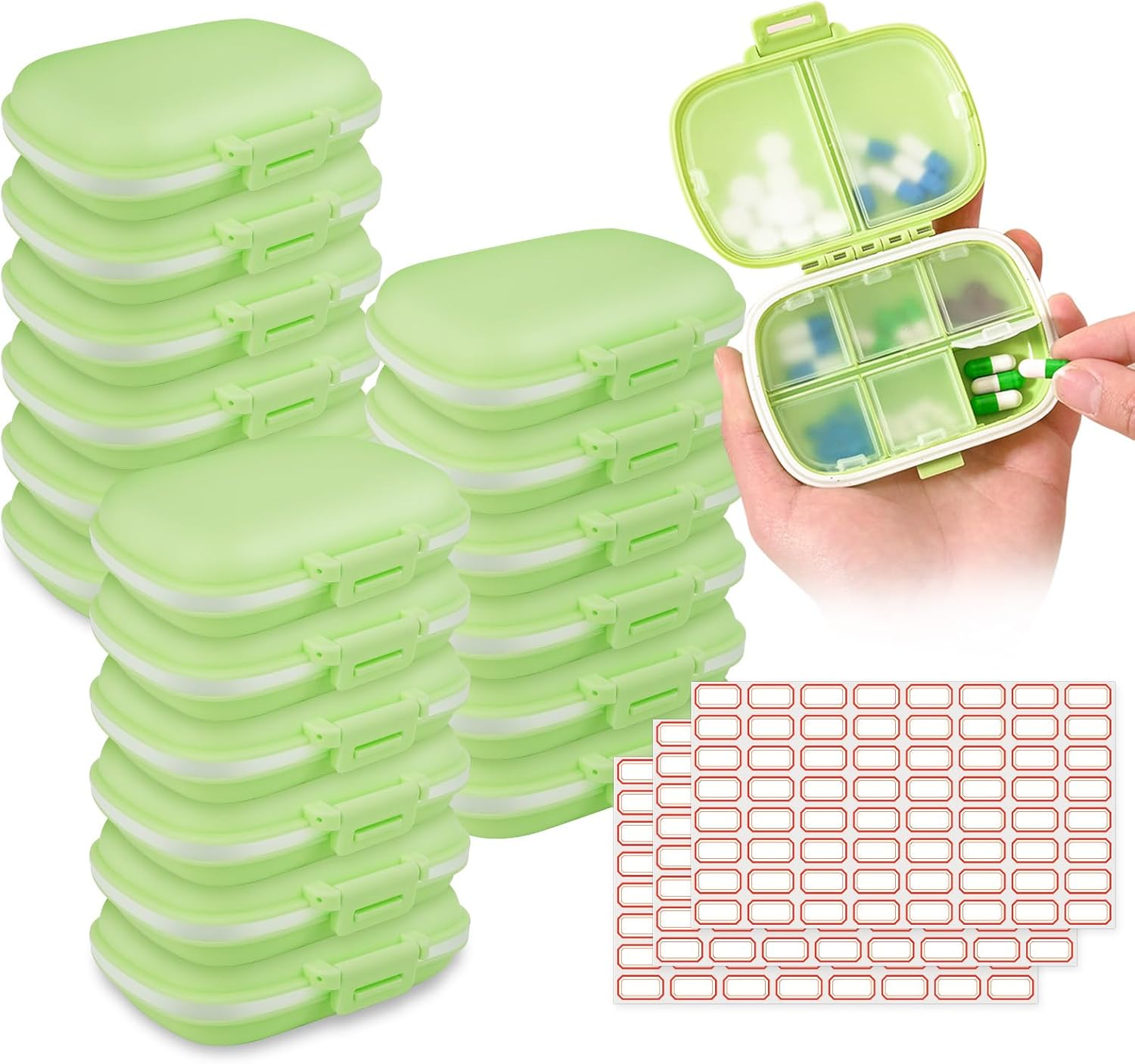 18 Pack Travel Pill Boxes Bulk Small Pill Case Portable Pill Organizer 8 Compartments Pill Box Dispenser Daily Vitamin Jewelry Organizer Travel Must Haveswith(Green with 192 Pcs Labels)