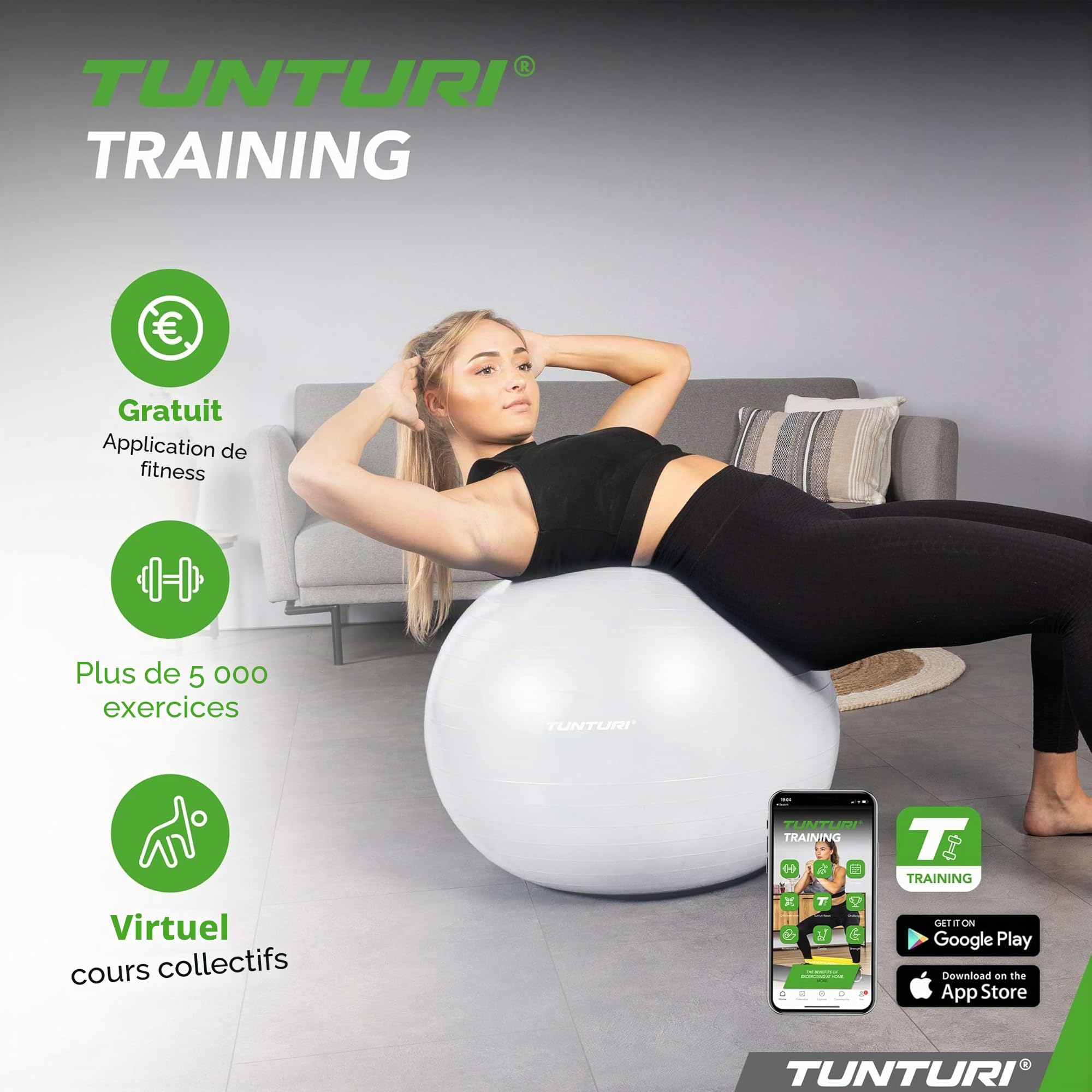 Tunturi Balle de gymnastique en 55 cm 65 cm 75 cm 90 cm Ballon de fitness pour yoga, Pilates, siège de bureau