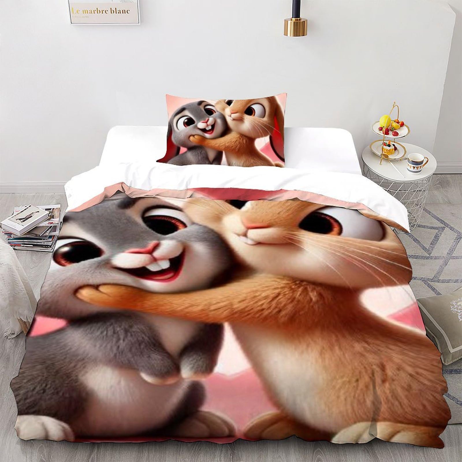 Housse de couette lapin 135x200 parure de lit microfibre imprimé animaux 3D pour filles