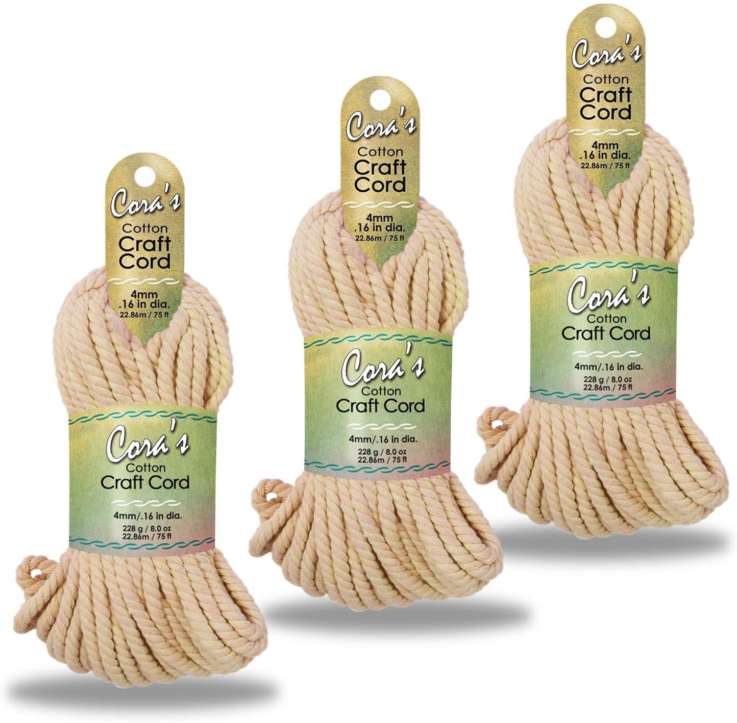 Cora's Cotton Macrame Cord | 4mm x 75ft Moss 3-Pack | Braided Cotton Cord for Macrame | Macrame, DIY Crafts, Plant Hangers, Wall Hanging, Crochet | Durable, Long Lasting, Vibrant (Fawn)