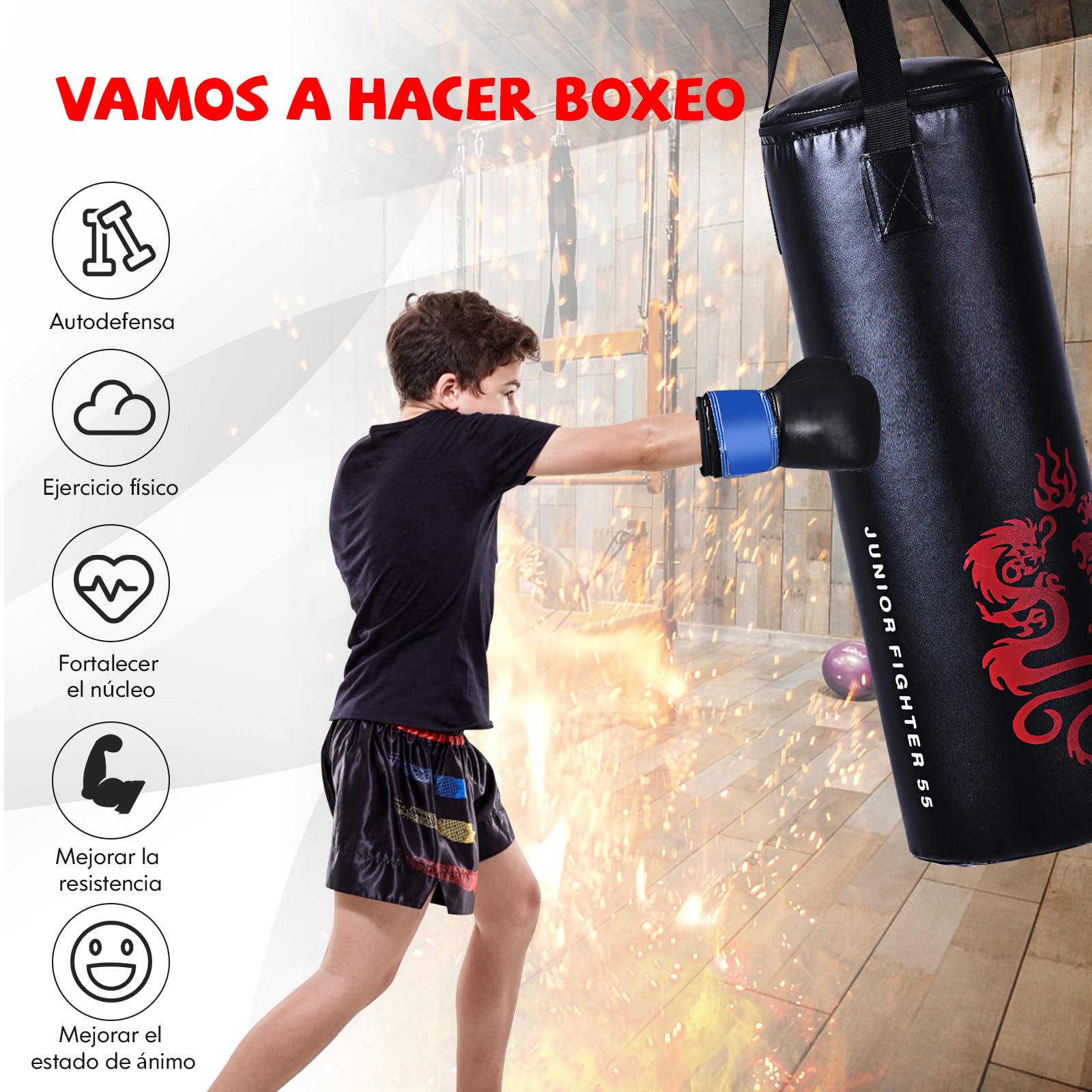 COSTWAY Saco de Boxeo con Relleno para Niños, Set Completo con Guantes, Cuerda de Saltar y Bolsa de Transporte para MMA