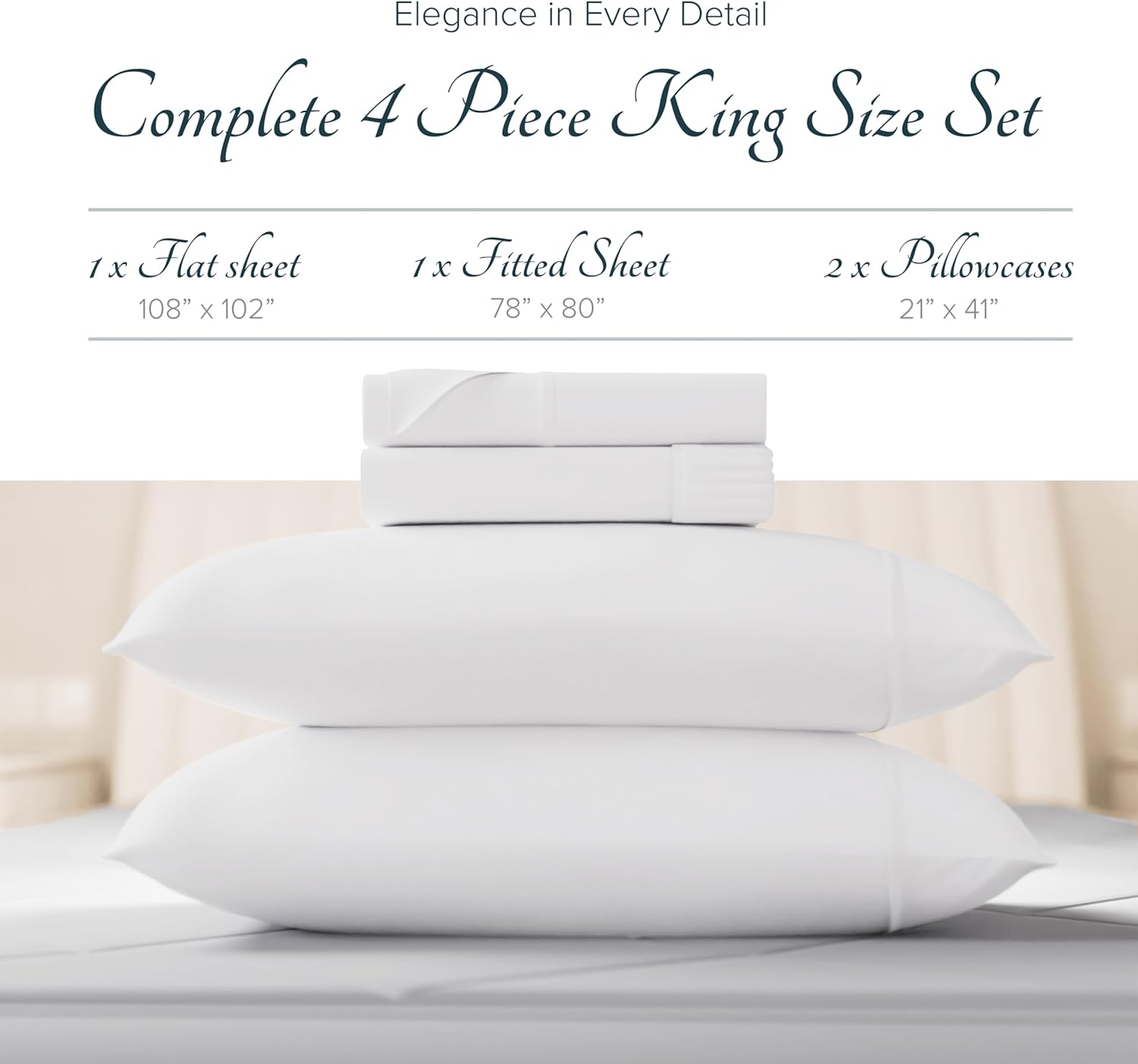 Carressa Linen 100% Egyptian Cotton King Size Sheets Set - Luxury 1500 Thread Count Egyptian Cotton Sheets King Size (4 PC, White), 17" Deep Pocket, Silky Soft, Cooling Sateen Bedding - Image 3