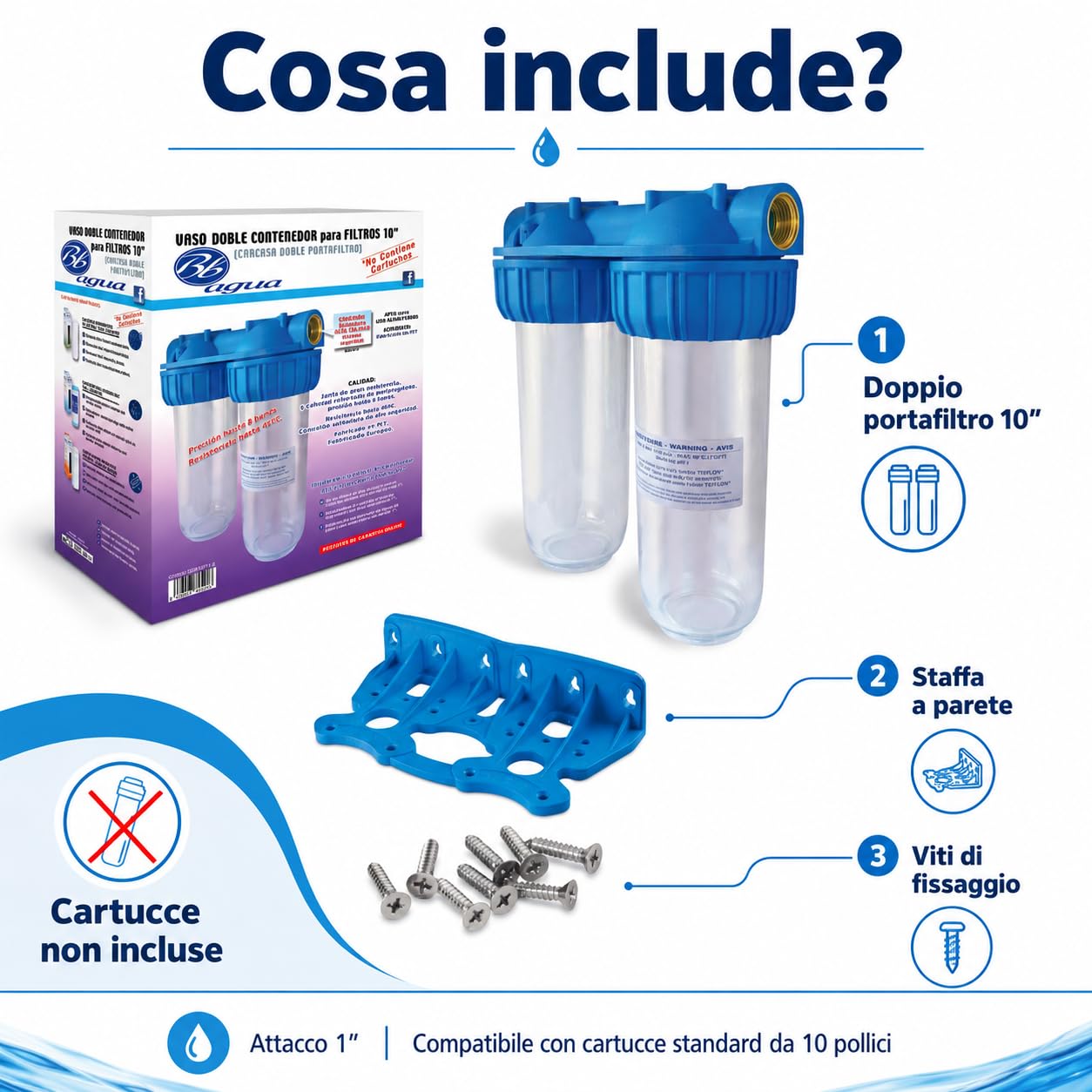 Sistema filtro acqua doppio 10" per casa e impianto domestico, portafiltro universale per sedimenti, cloro, sabbia e impurità, compatibile cartucce standard 10 pollici, installazione facile a parete