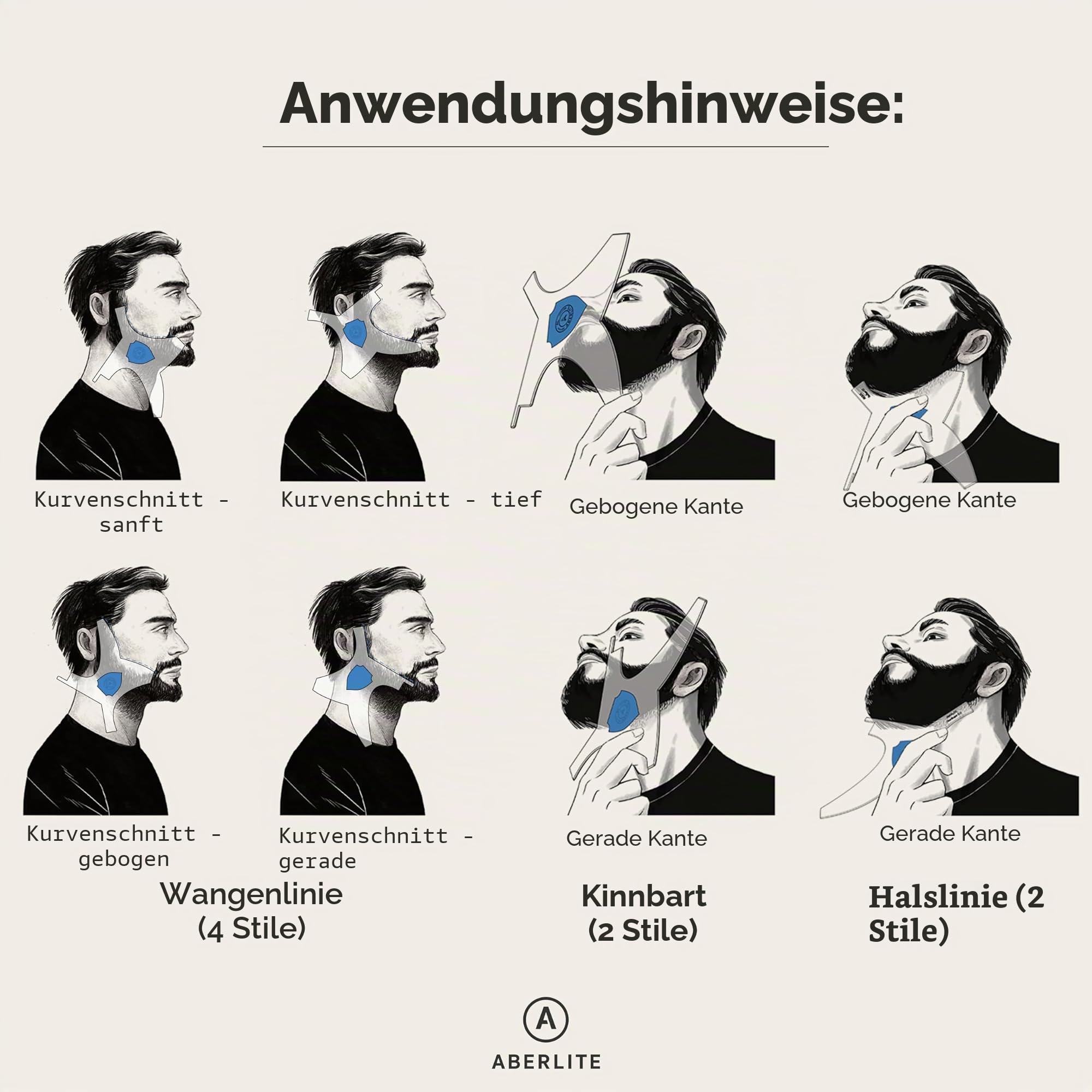Aberlite Bart Shaper – Lineup Lineup Werkzeug mit einem Frisierstift (weiß) – lange Kanten | Anti-Slip – das ultimative Werkzeug zur Bartformung (blau)