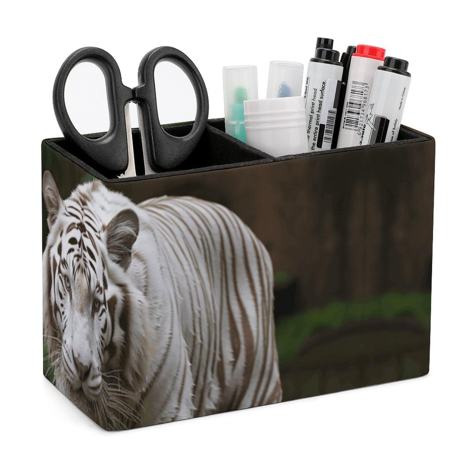 LZQPOEAS Exquisite Patterns PU Leather Pen Holder, Multifunctional Desktop Organizer Caddy with 2 Compartments, Majestic White Bengal Tiger Pencil Cup Makeup Brush Holder for Office Home