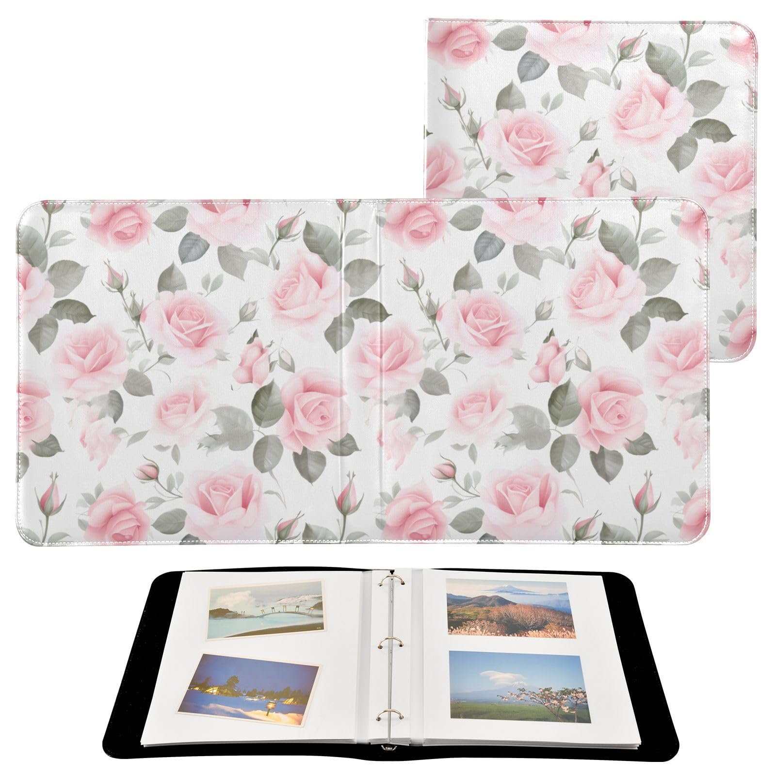 JIPONI Little Mini Pink Roses Large Photo Album, DIY Leather Cover Scrapbook Albums for 4x6 5x7 6x8 Pictures, Self Adhesive Memory Book for Wedding, Baby, Family