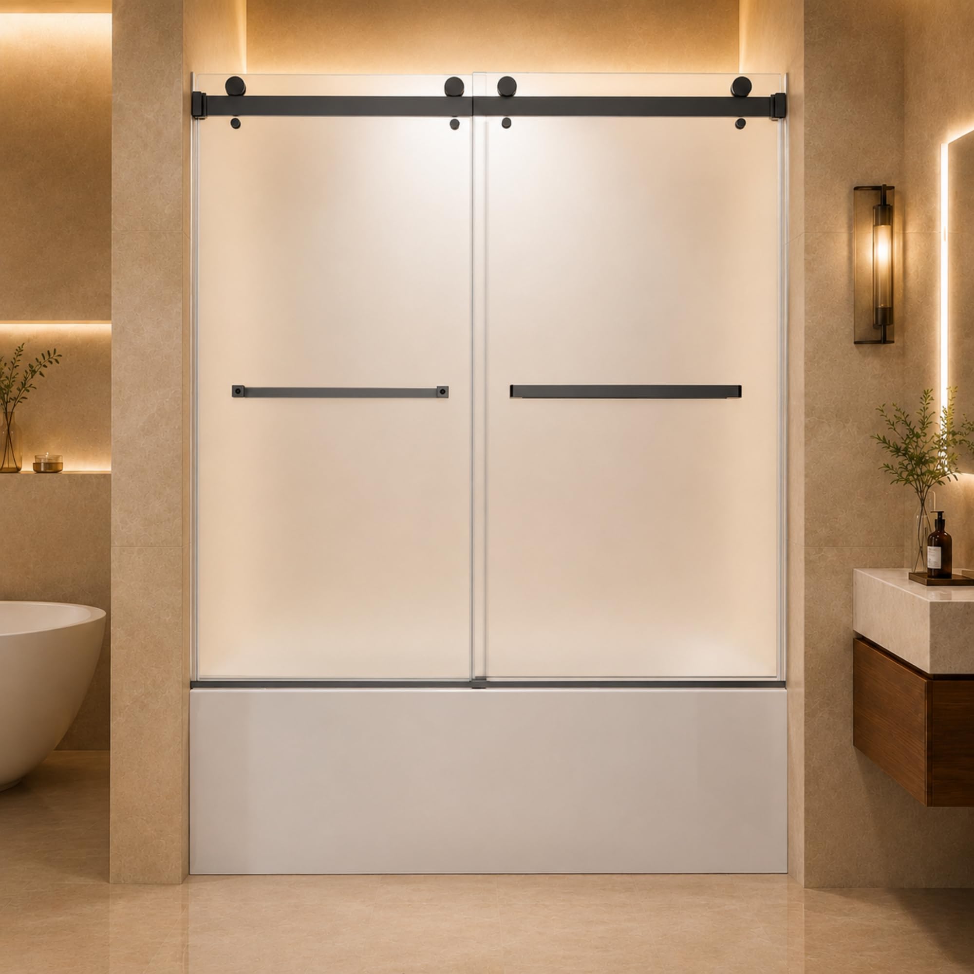Photo 1 of ***FACTORY SEALED****Frameless Shower Door,Frosted Sliding Shower Door for Bathtub, 56-60" W x 60" H-1/4” (6mm), 304 Stainless Steel Hardware, Nano Easy-Clean Glass, Quiet Rollers, Matte Black