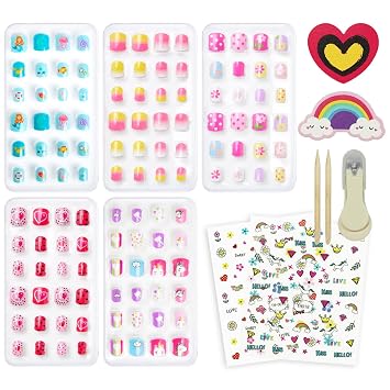 Kids Press on Nails 120 Pcs for Girls, Short Artificial Fake Nails Tips with Pre-Glue, Full Cover Glitter False Nail Kits Set, Colorful & Art Decorations Gifts for Children - Style 4