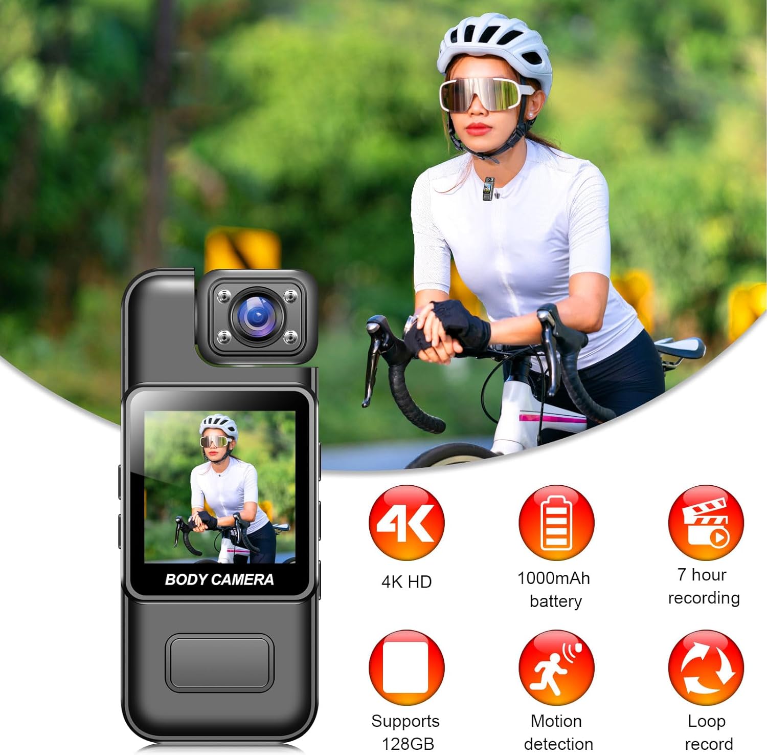 Body Camera with Audio and Video Recording, 4K Body Worn Camcorder, 1000mAh Recorder with 180° Rotatable Lens, Motion Detection, Cyclic Video, for Sports Cycling