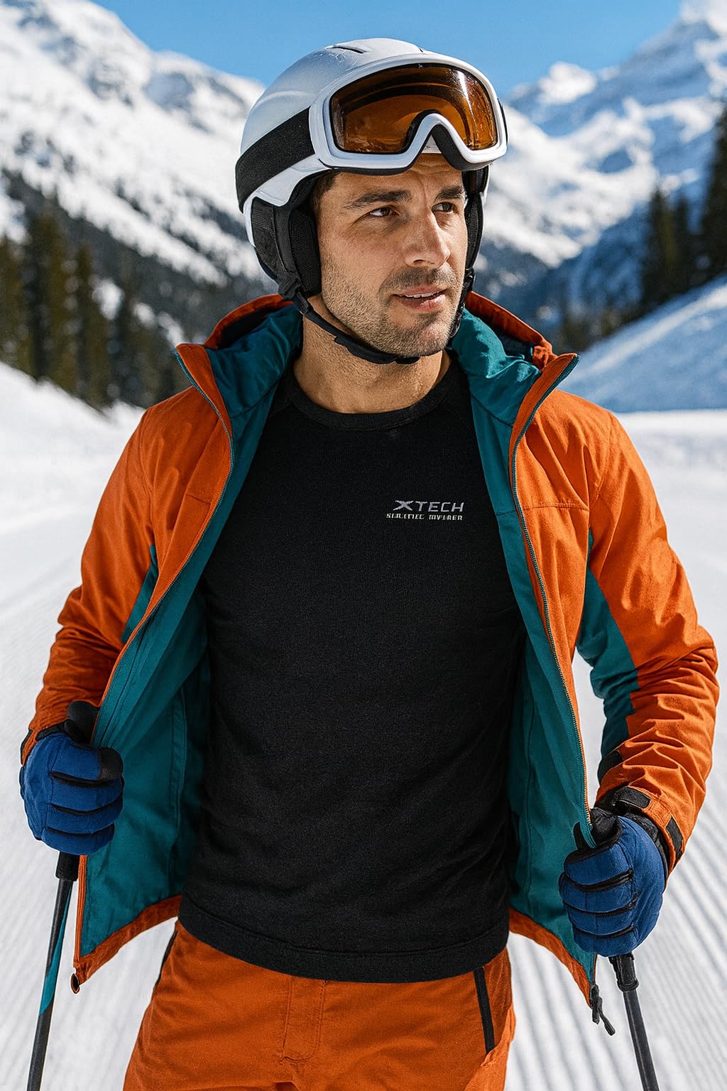 Camiseta térmica técnica íntima de lana merino de alta calidad transpirable para esquí, moto, exterior, trabajo, fabricada en Italia, Xtech. Protección total contra el frío.