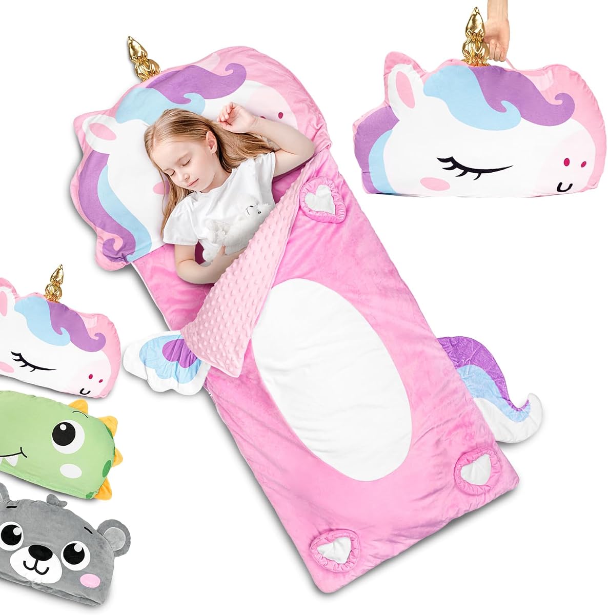 Kids Sleeping Bag, 3 in 1 Larger Plush Animal Toddler Nap Mat | Slumber Bag for Travel Sleepover Birthday Daycare Preschool Kindergarten, Boys Girls