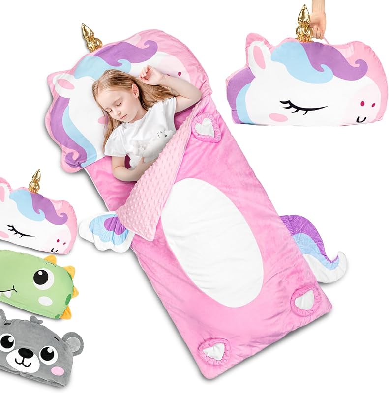 Kids Sleeping Bag, 3 in 1 Larger Plush Animal Toddler Nap Mat | Slumber Bag for Travel Sleepover Birthday Daycare Preschool Kindergarten, Boys Girls