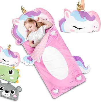 Kids Sleeping Bag, 3 in 1 Larger Plush Animal Toddler Nap Mat | Slumber Bag for Travel Sleepover Birthday Daycare Preschool Kindergarten, Boys Girls