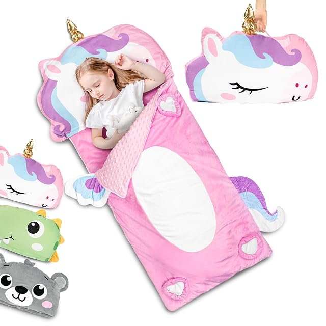 Primlect Kids Sleeping Bag with Pillow Larger Toddler Nap Mat Plush Slumber Bag for Boys Girls Daycare Preschool