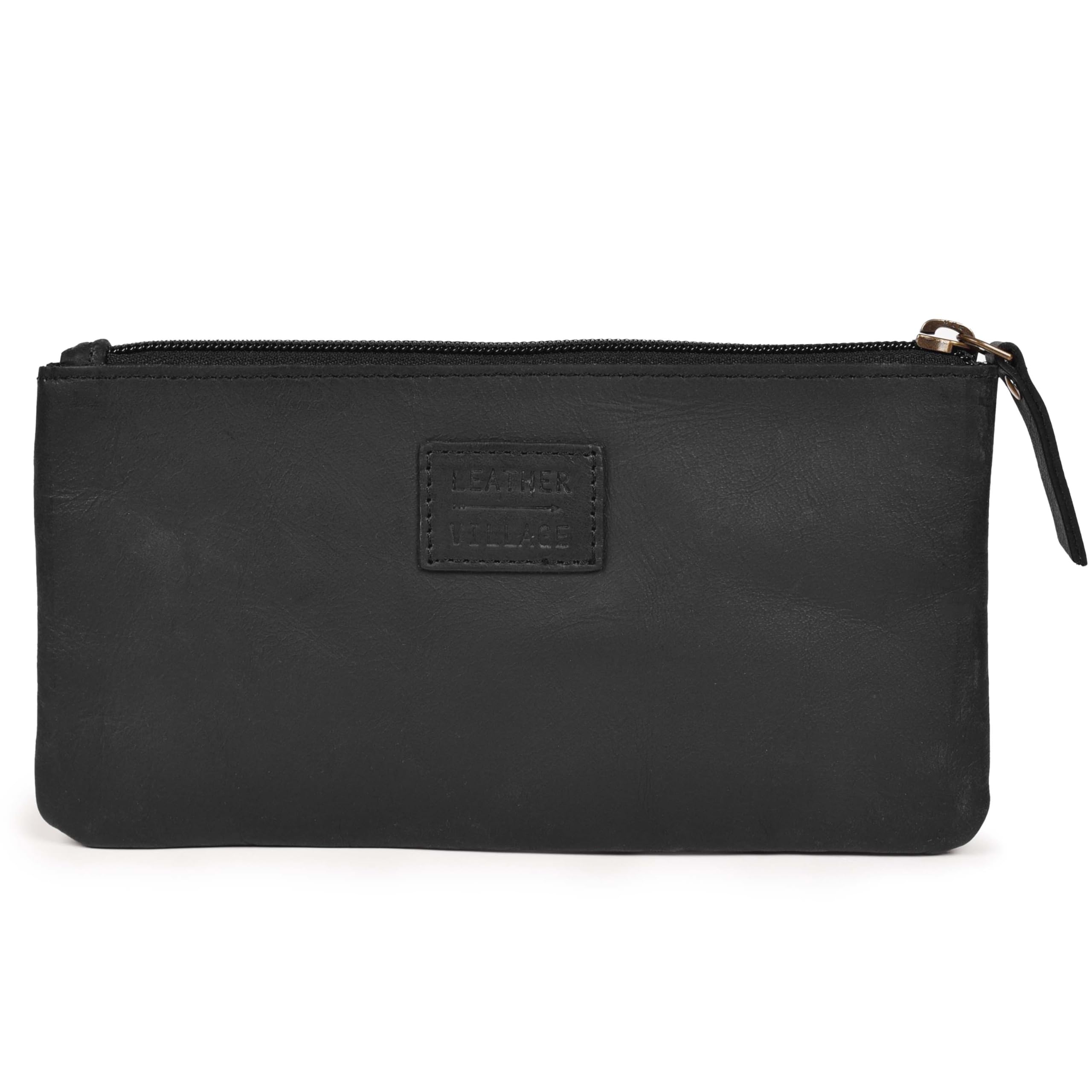 LEATHER VILLAGE Leather Pencil Pouch Pen Case, Matte Black, 8"X4"- Double Pocket - Image 2