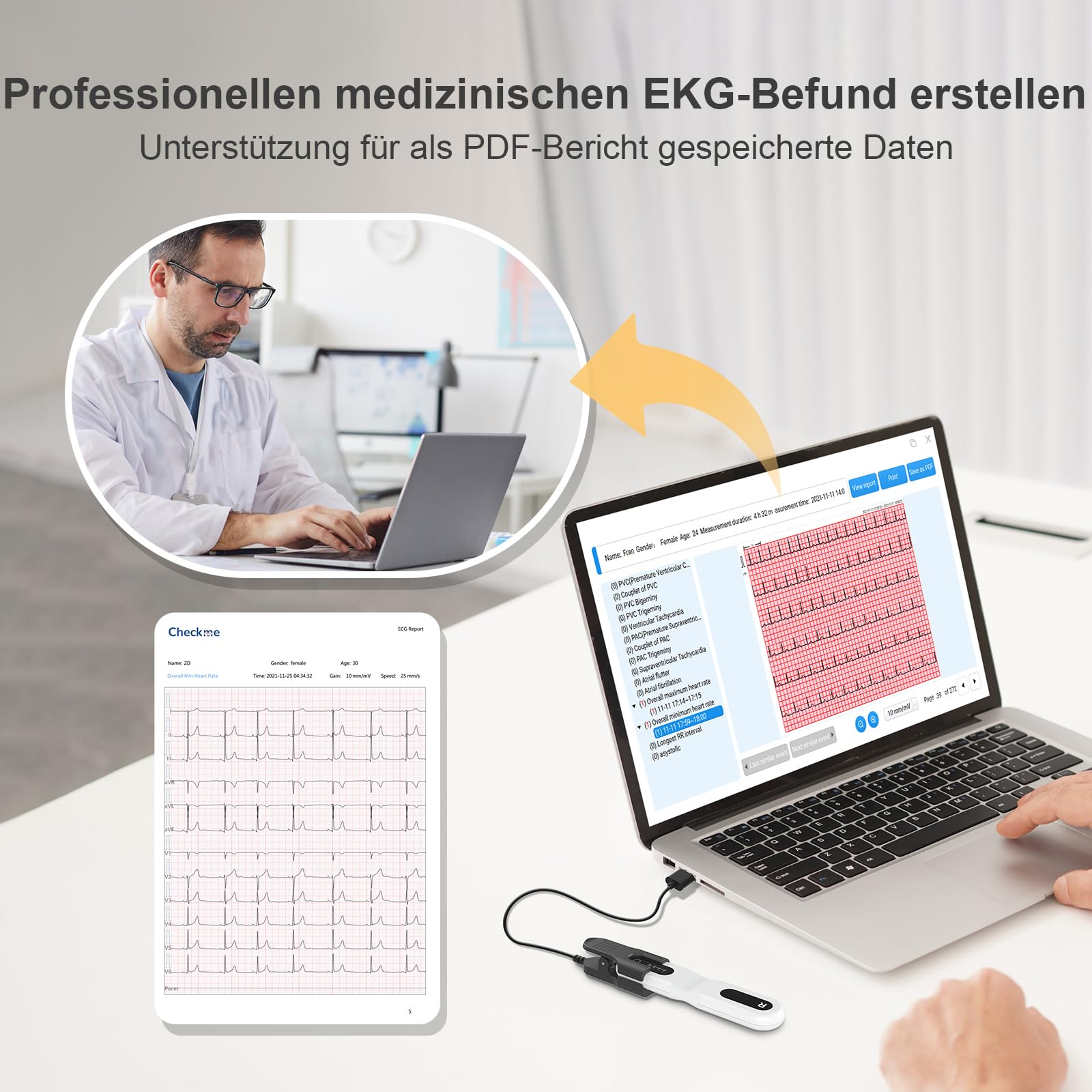 CheckMe ER1-LW 24 Stunden Langzeit EKG Gerät für Zuhause, AI-EKG Analyse EKG Monitor mit OLED-Bildschirm, EKG-Ereignismarker-Funktion, Kompatibel mit Allgemeine Elektrodenpads