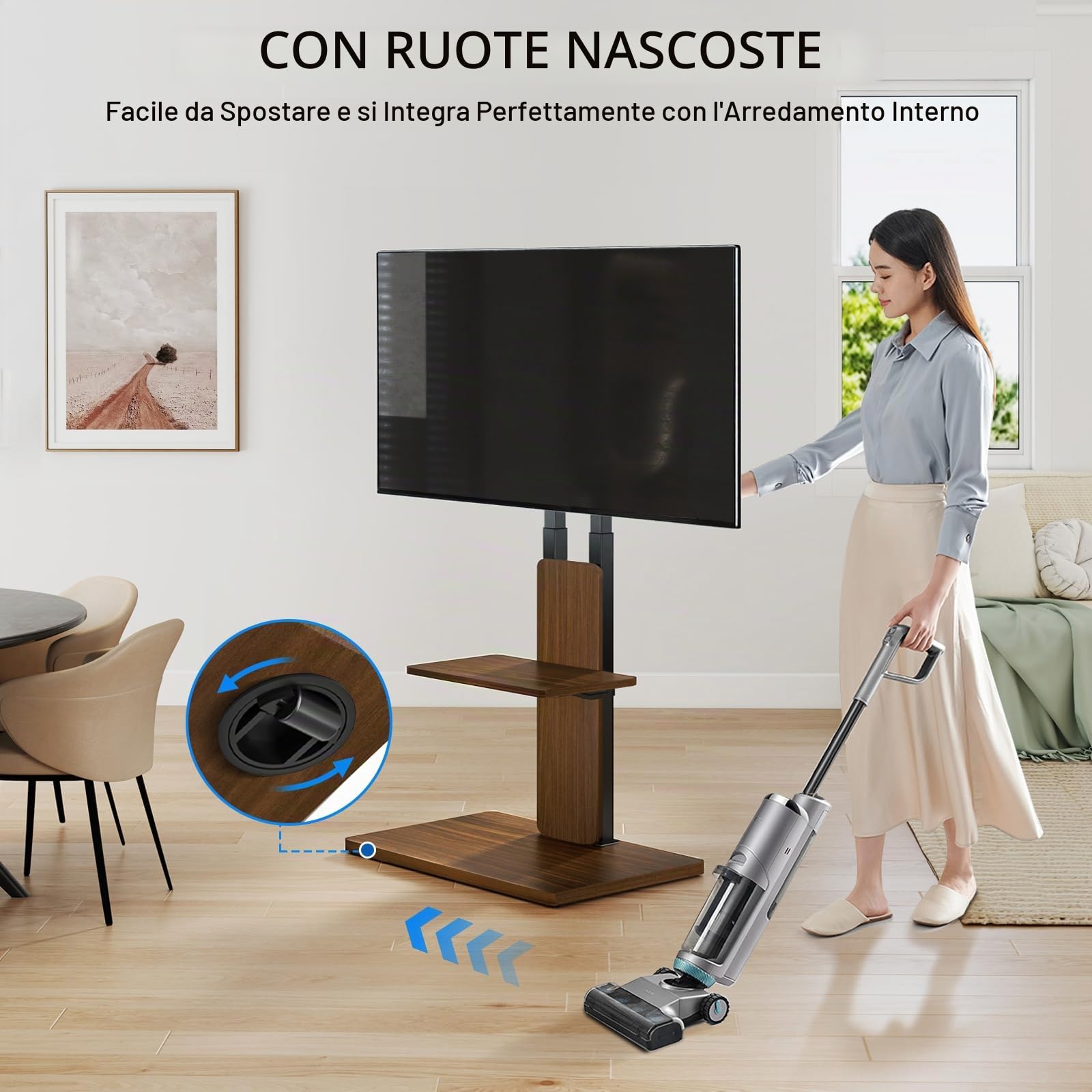 TVON Supporto TV da Pavimento con Ruote a Rotelle Nascoste per TV da 32-70 Pollici, Regolabile in Altezza, Carrello Porta TV con Ruote con Scaffale in Legno, Max Capienza 45 kg VESA 400x400mm