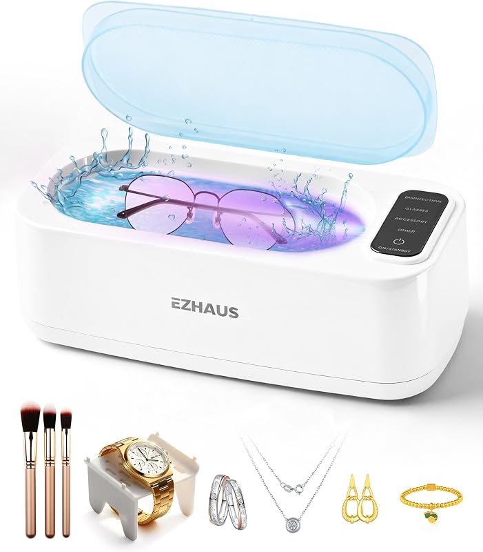 Ezhaus Limpiador Ultrasónico de Joyas, Limpiador Ultrasónico Profesional de 48 KHz con Pantalla de Función, Máquina Ultrasónica Limpiadora de Joyas de 30 W para Collares, Anteojos, Dentaduras Postizas, etc (Incluye Bolsa de Almacenamiento)