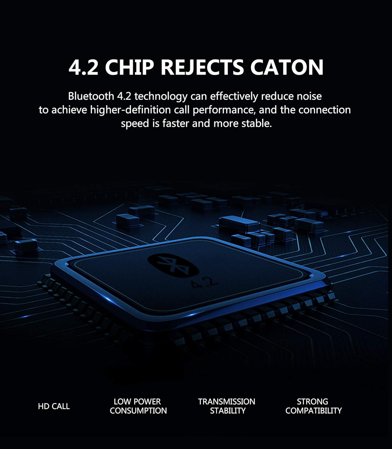 Close-up of a Bluetooth 4.2 chip, highlighting its features like HD call, low power consumption, transmission stability, and strong compatibility