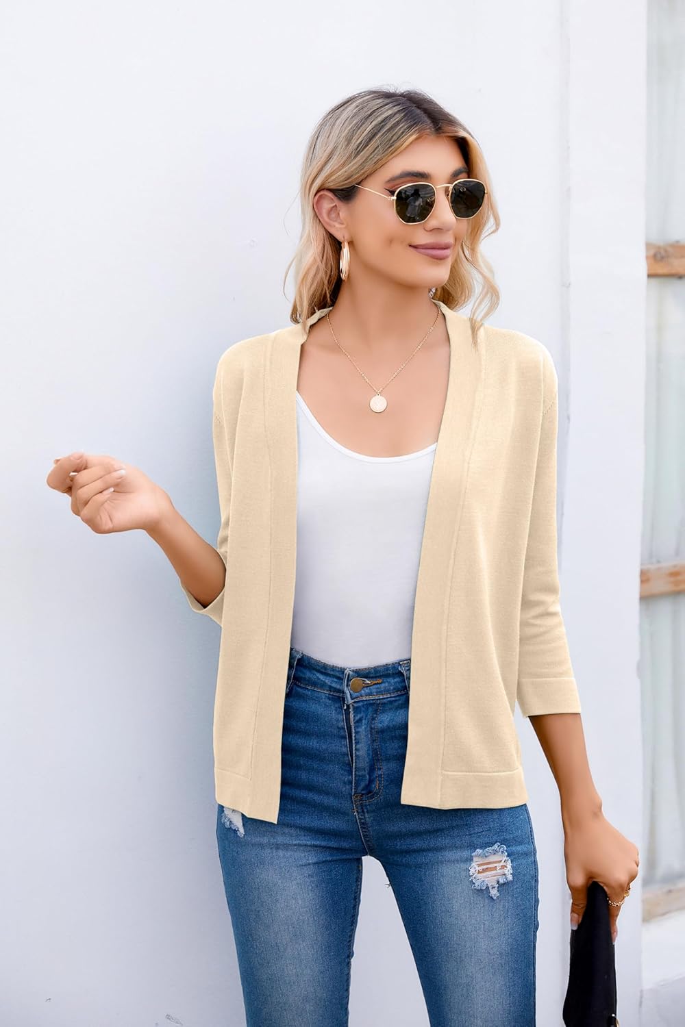 Bettysays Women's 3/4 Sleeve Open Front Cropped Cardigan Sweater Elegant Shrugs for Women - Image 6