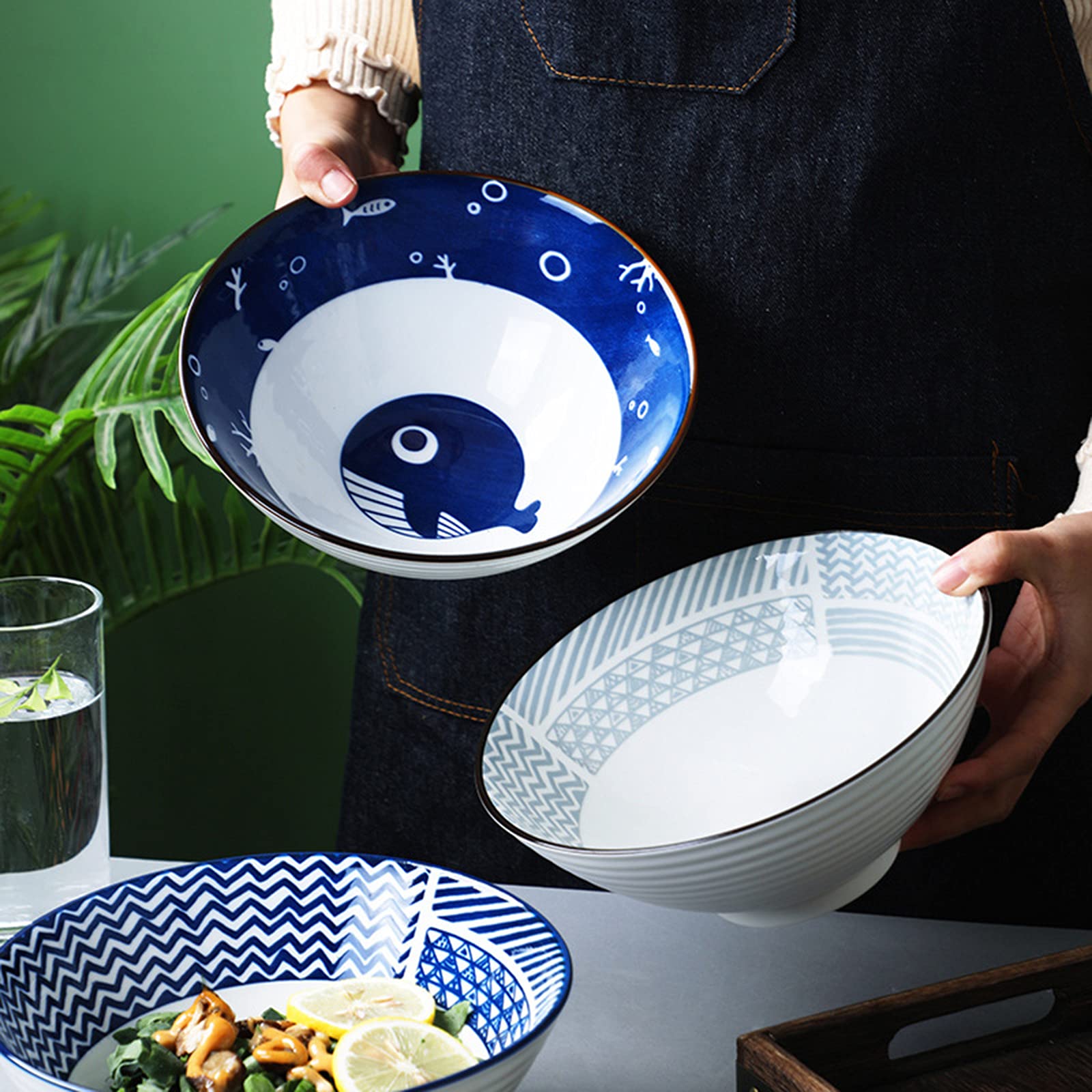 tazas de ramen, conjuntos de tazas de pasta, Cuencos de cerámica for fideos ramen, (2 piezas) Cuencos de ramen apilables Vajilla vintage for sopa, cereales, arroz, udon, fideos asiáticos, I, 1200 ML (