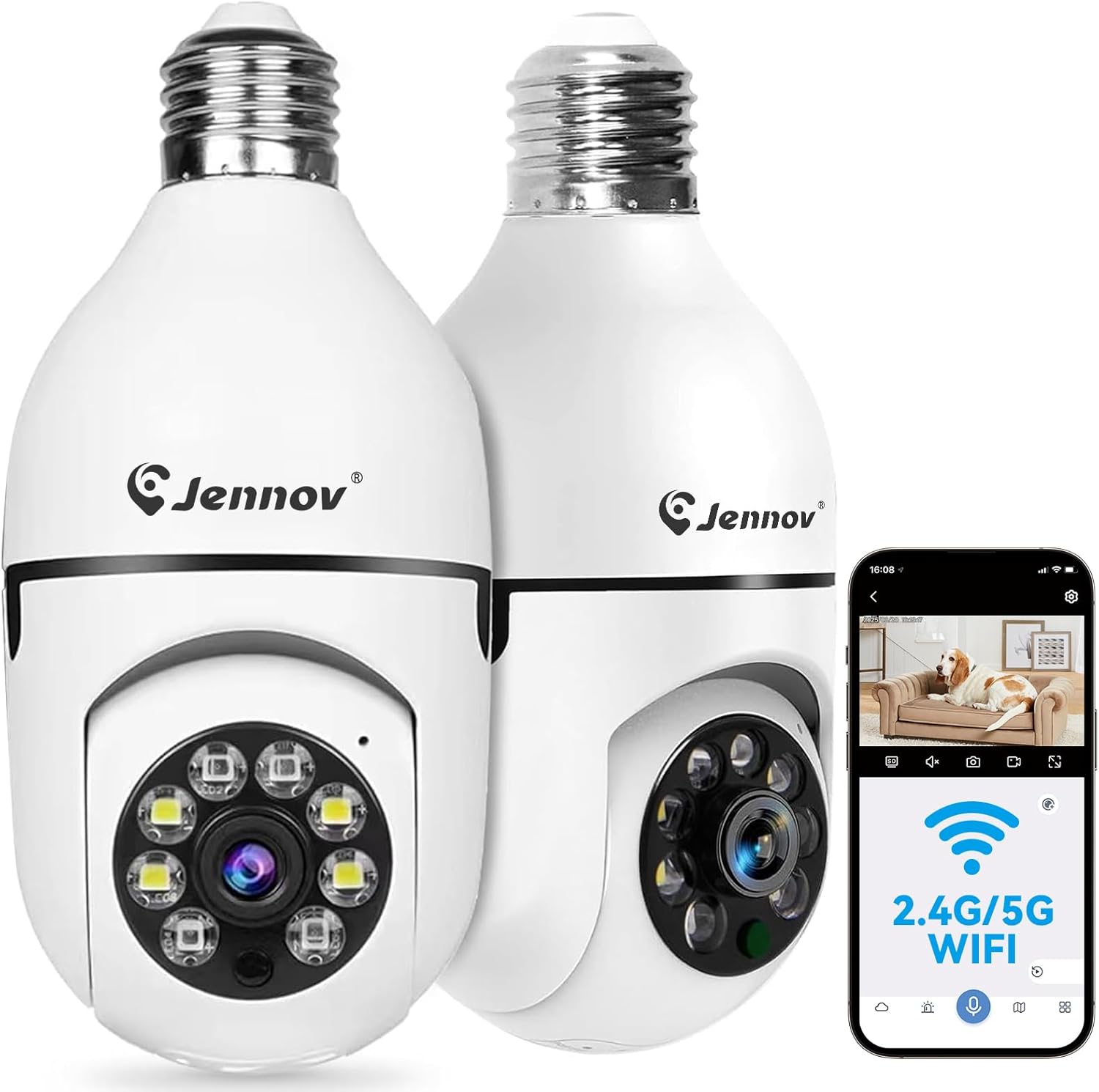 Jennov 2K Light Bulb Security Camera Wireless Outdoor, Indoor Light Socket Cameras for Home Security, Human Detection, 355°, Color Night Vision, 5G/2.4G WiFi, Screw in, Compatible with Alexa