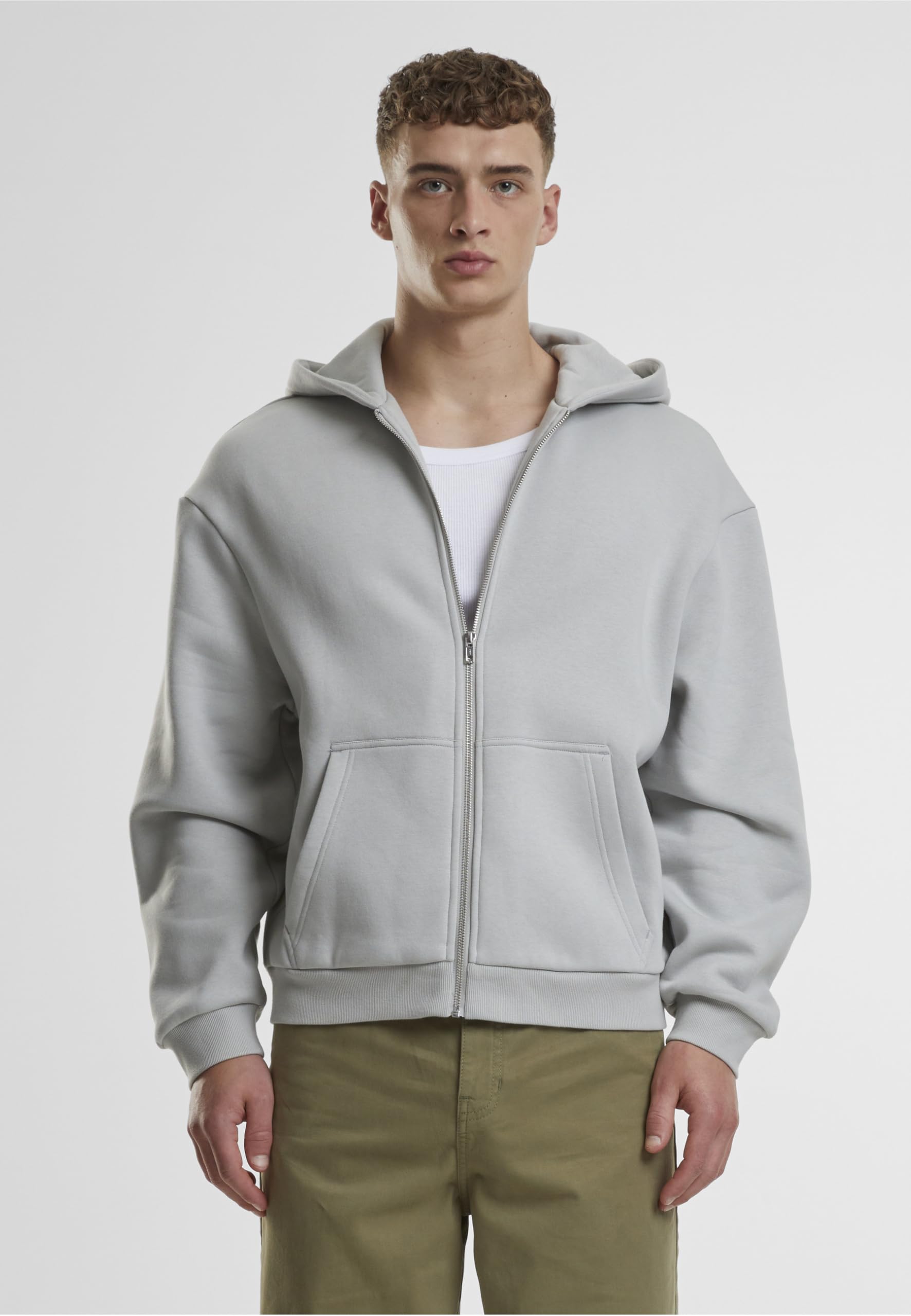 Urban Classics Męska bluza z kapturem Fluffy Zip Hoody, puszysta bluza z kapturem z zamkiem błyskawicznym, bluza z kapturem dla mężczyzn, oversize fit, Lightassphalt, L
