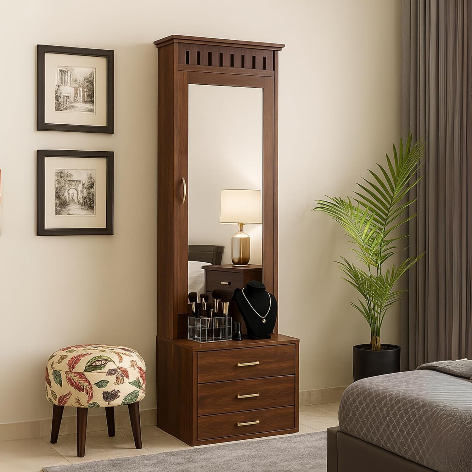 Solid Sheesham Wood Dressing Table with Storage Mirror & 3 Drawers, & 1 Door Storage for Living Room Bedroom Wooden Make Up Vanities Dresser for Bedroom Home (Walnut Finish)-image-29