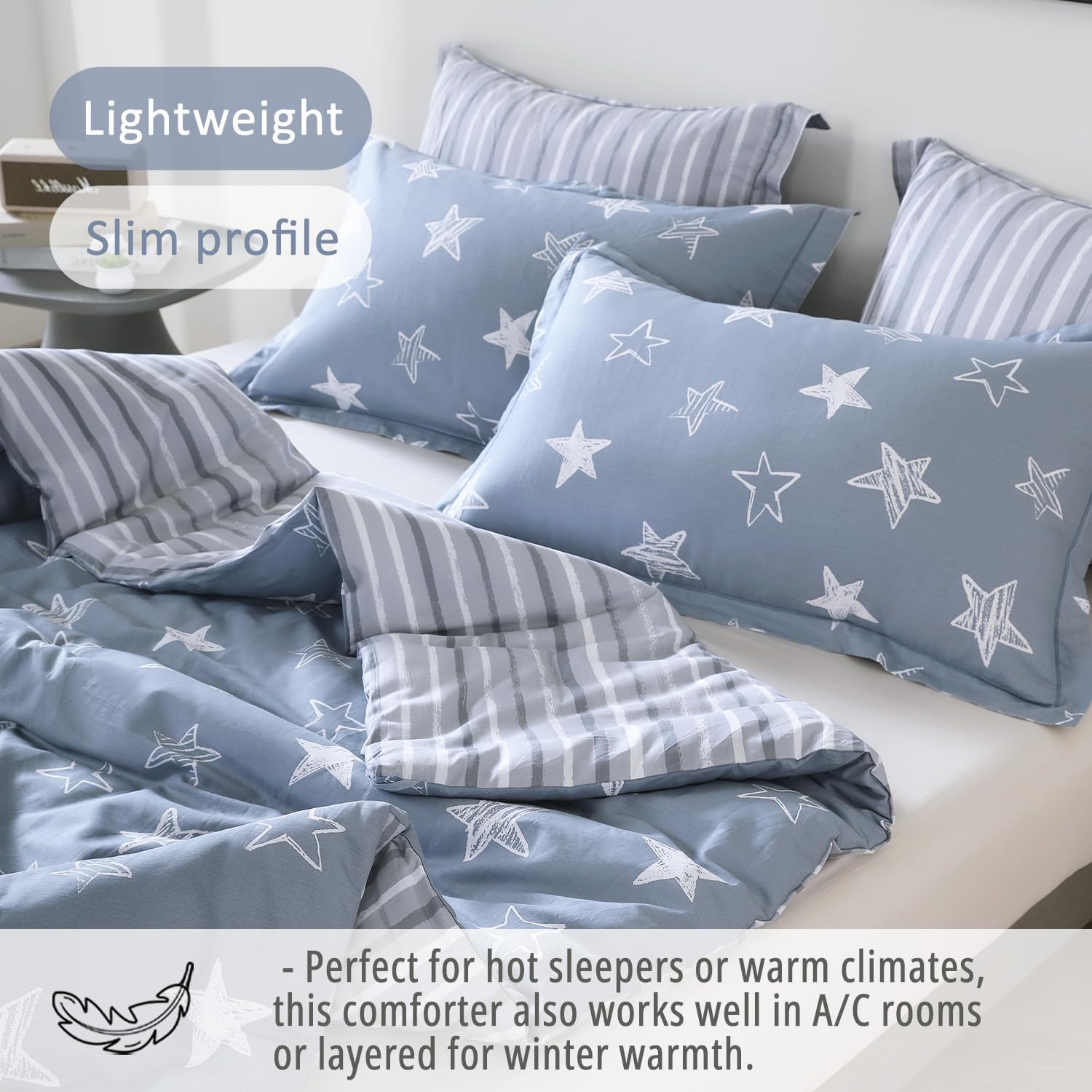 LEMIROE Blue Cotton Comforter Twin Size 2Pcs - White Doodle Style Stars on Denim Blue Front, Gray Stripes on Back, Reversible Lightweight Bedding Sets with Soft Fill(1 Comfoter, 1 Pillowcase)