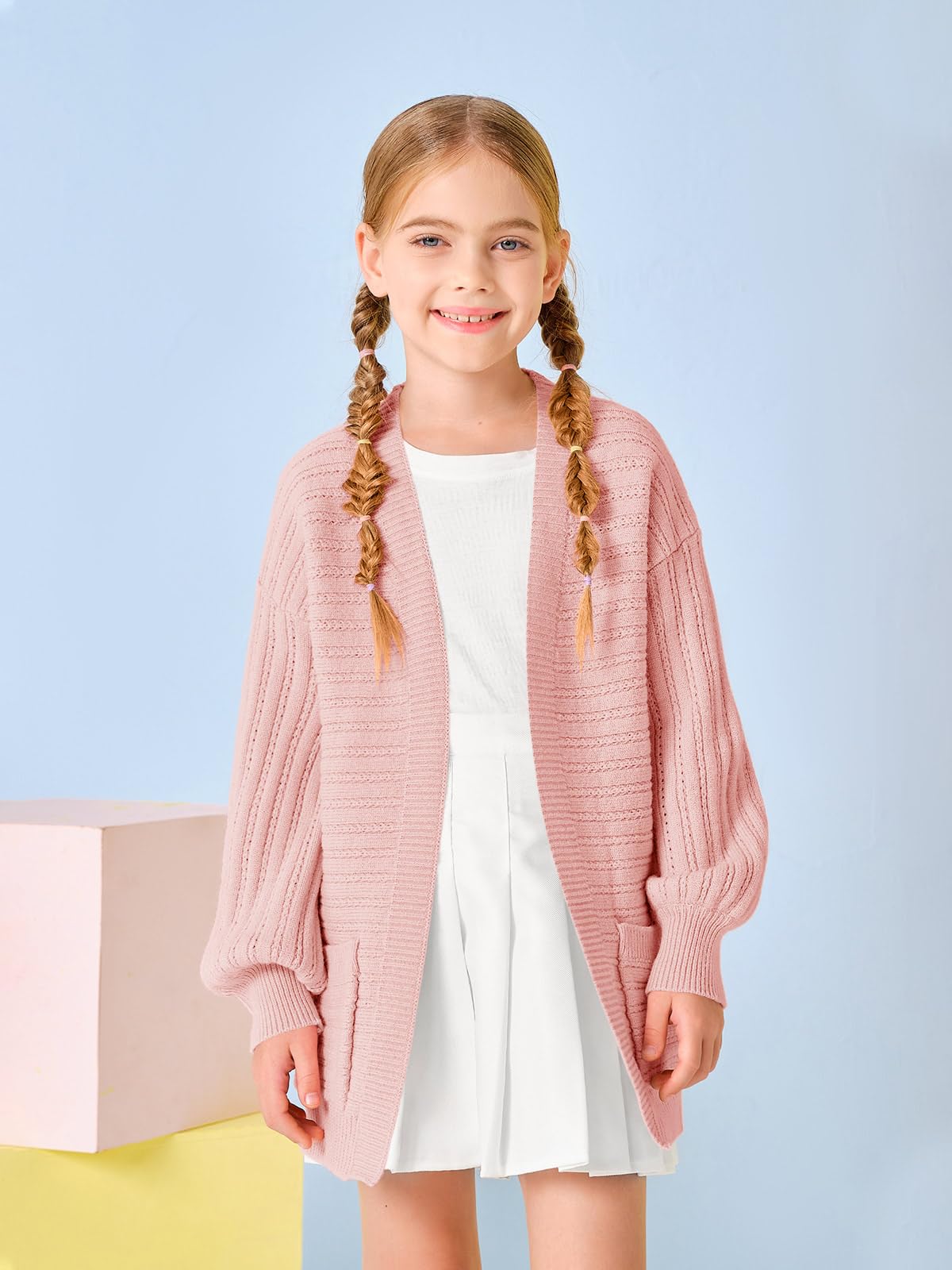 Haloumoning Cardigan per bambine e ragazze, aperto sul davanti, a maniche lunghe, lavorato a maglia, con tasche, 5-14 anni