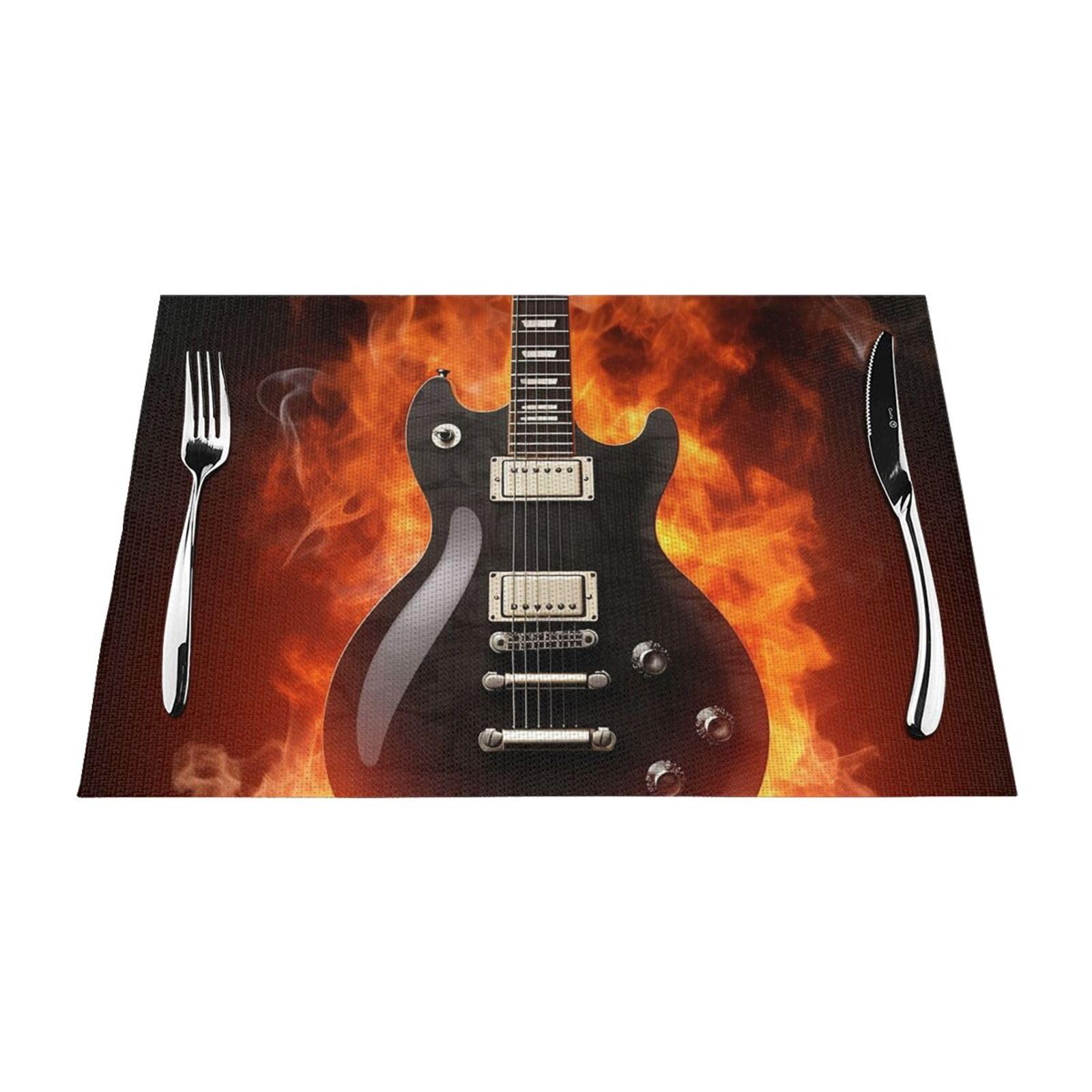 Rock Guitar Placemats Set of 1 - Woven Vinyl Kitchen Table Placemats - Heat Resistant Non-Slip Place Mats for Dining Table, Washable Indoor Outdoor Table Mats 12x18 Inch