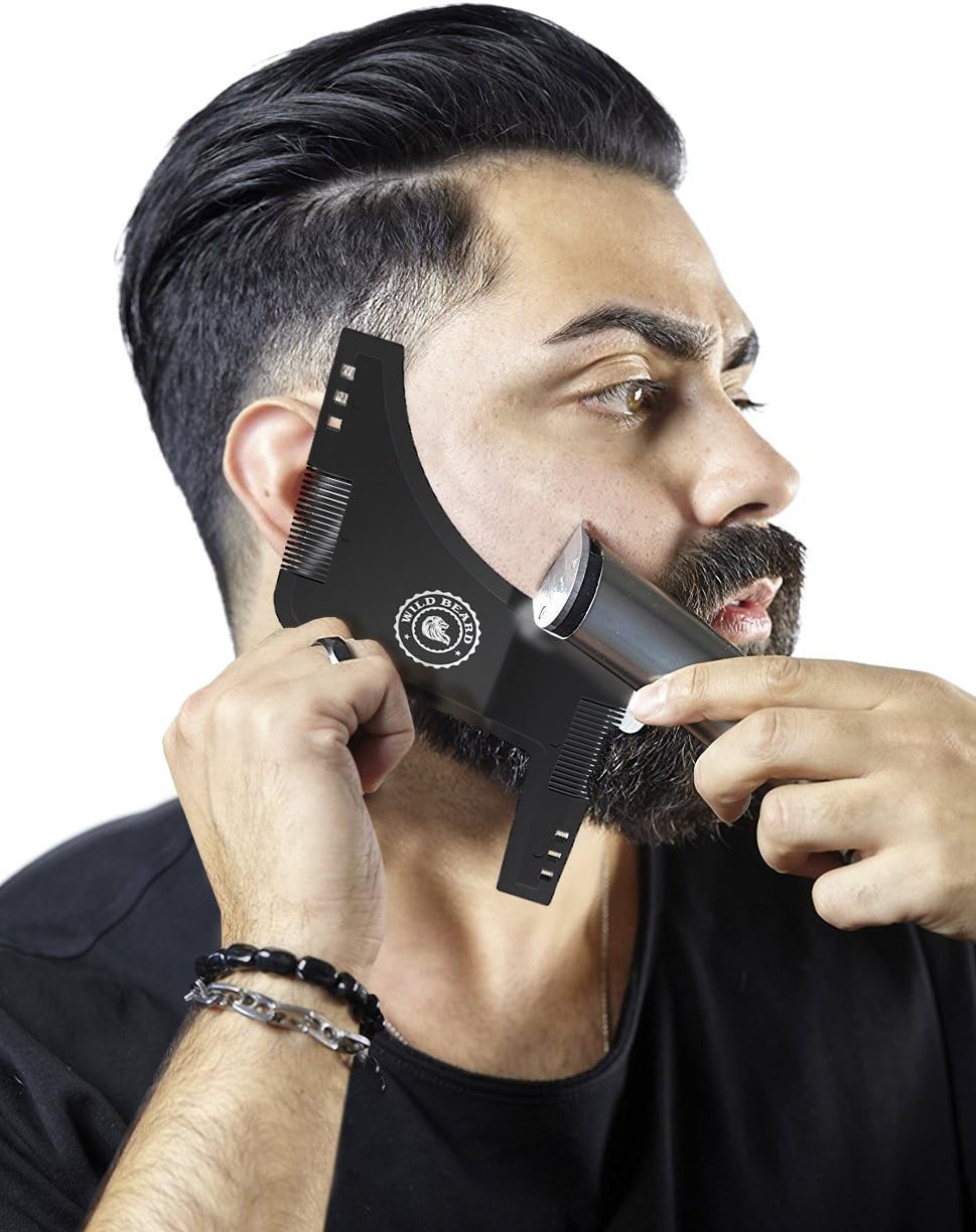 Beard Shaping Tool - Set of 2 - Black & Transparent - 8 in 1 Facial Hair Trimming Guide and Comb Grooming Shaper - Best Stencil for Curve/Step/Straight Cut, Sideburns, Mustache, Goatee