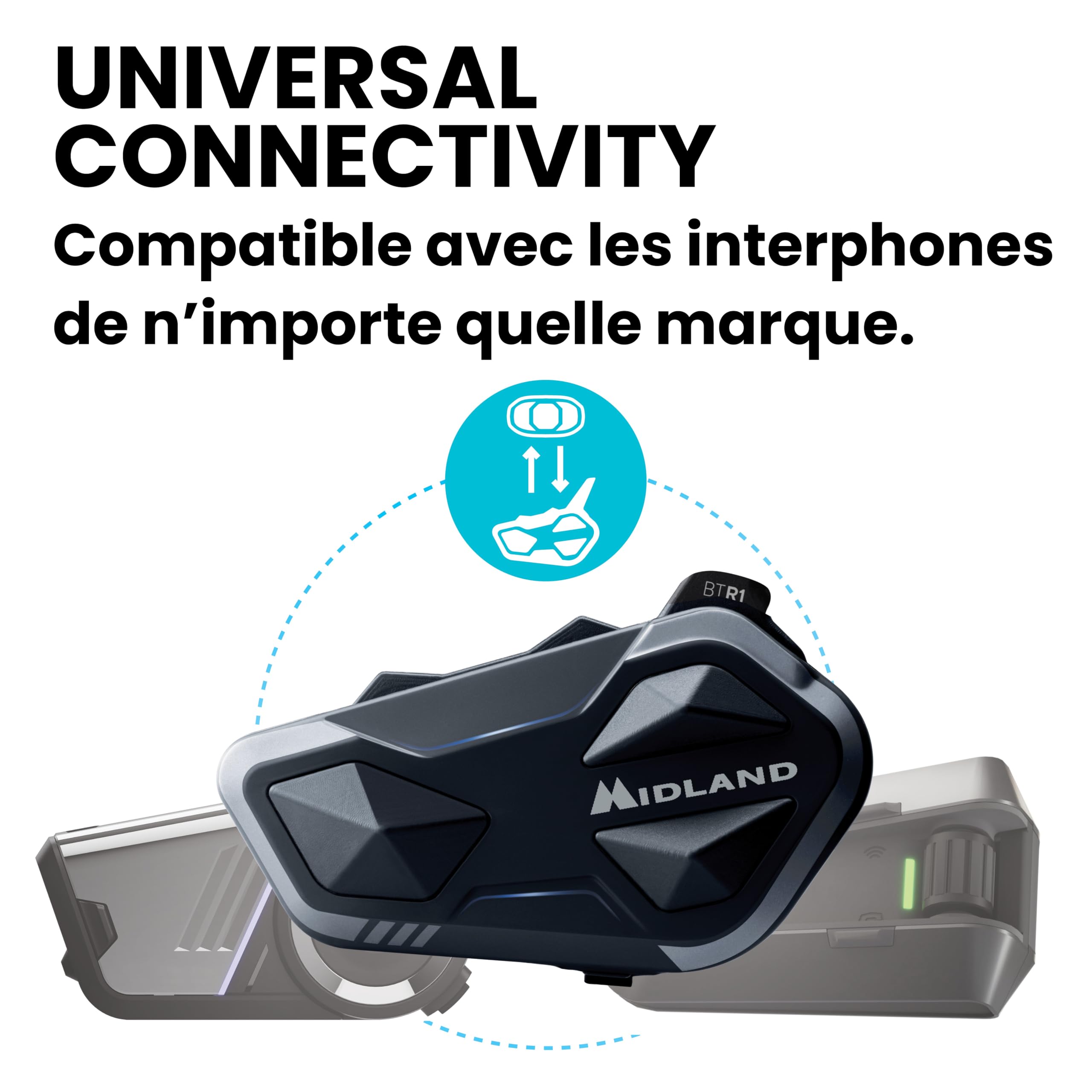 Midland- Intercom Moto BTR1 Individuel, Écouteurs Bluetooth sans Fil Casque Moto Étanche IPX6 Portée 800m, 4 Personnes Conference, Batterie 23H, Parallel Audio Connexion GPS/Musique Conforme ECE 22.06