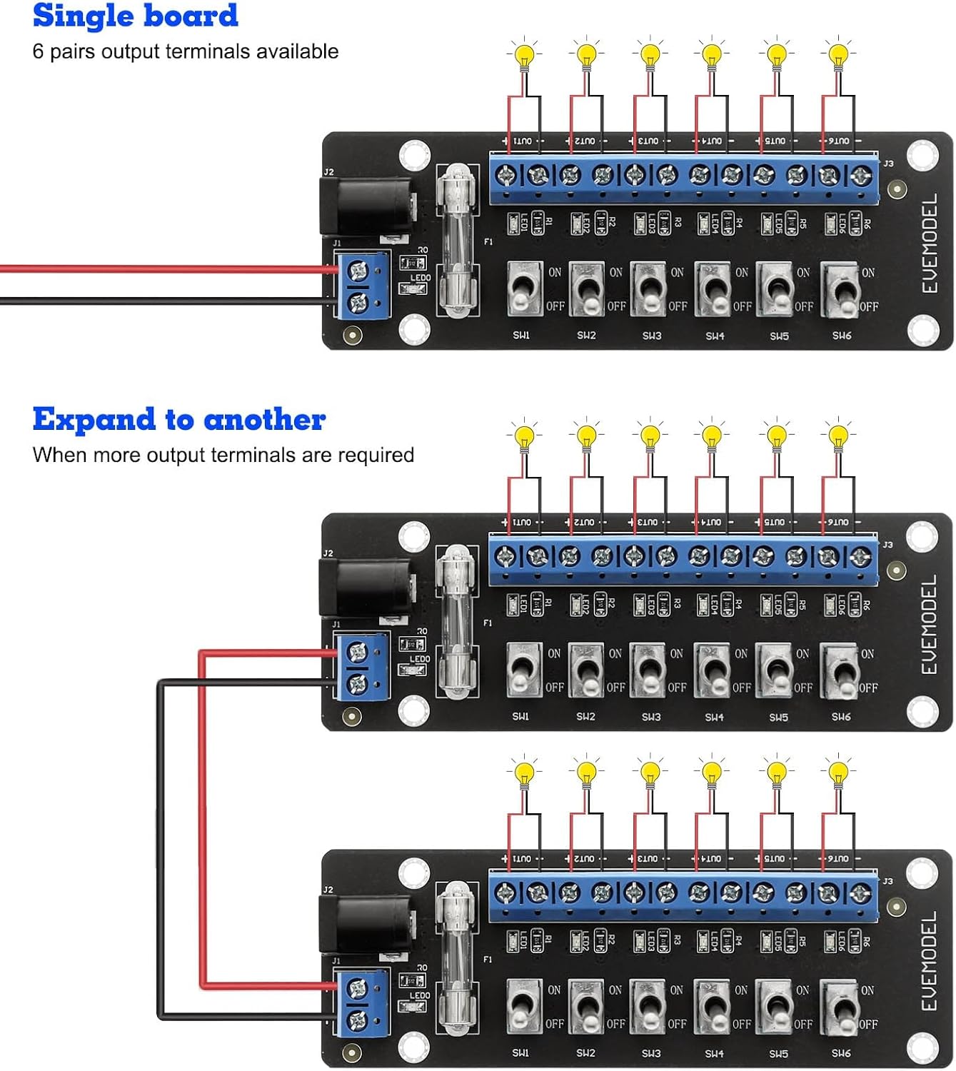 3V-24V DC Power Distribution Module Connector 6 Channels with Individual Toggle Switch PCB019D (6 Channels)