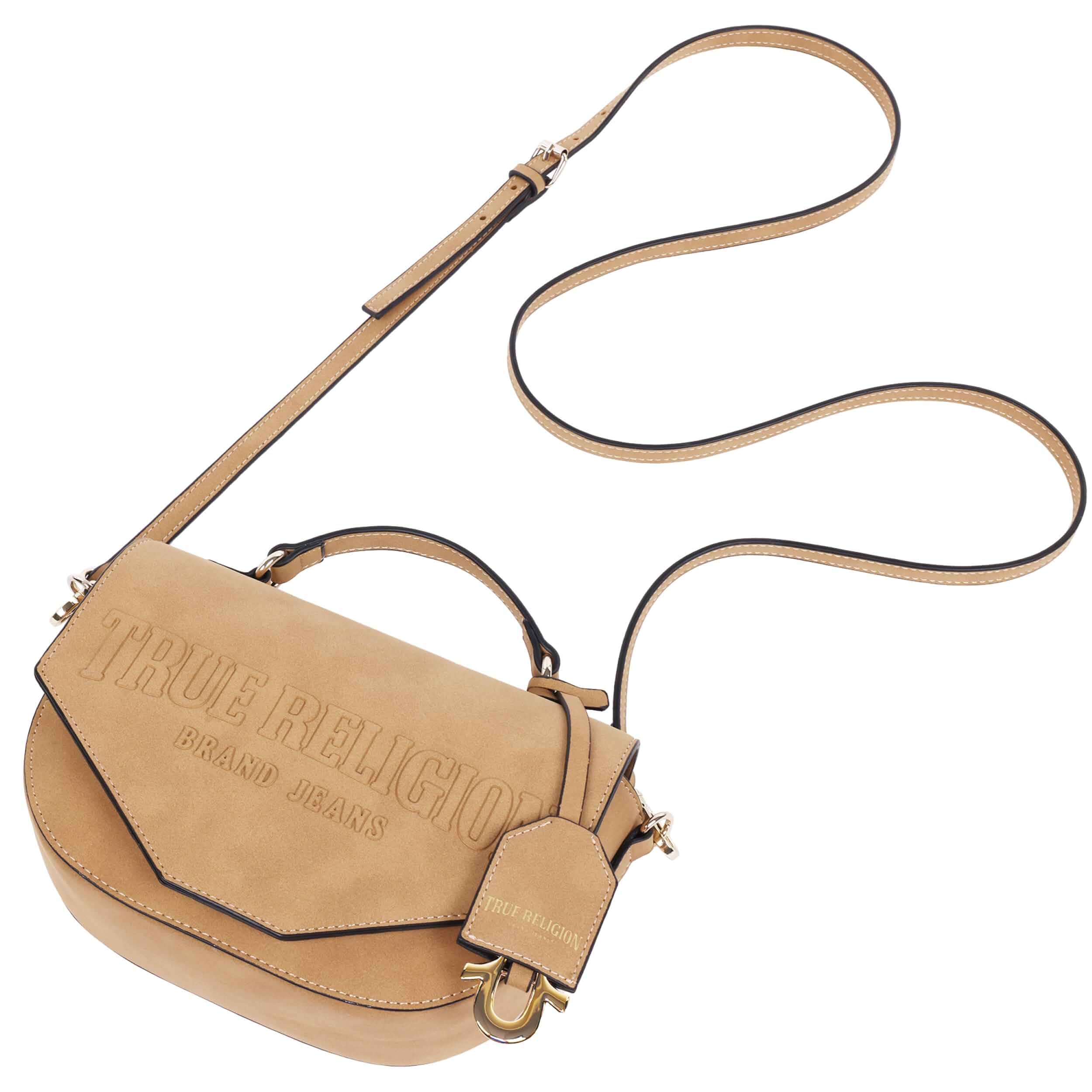 True Religion Crossbody Bag, Gold | Trapunto Logo Suede Flap Purse with Top Handle, Adjustable Strap and Hardware, Camel