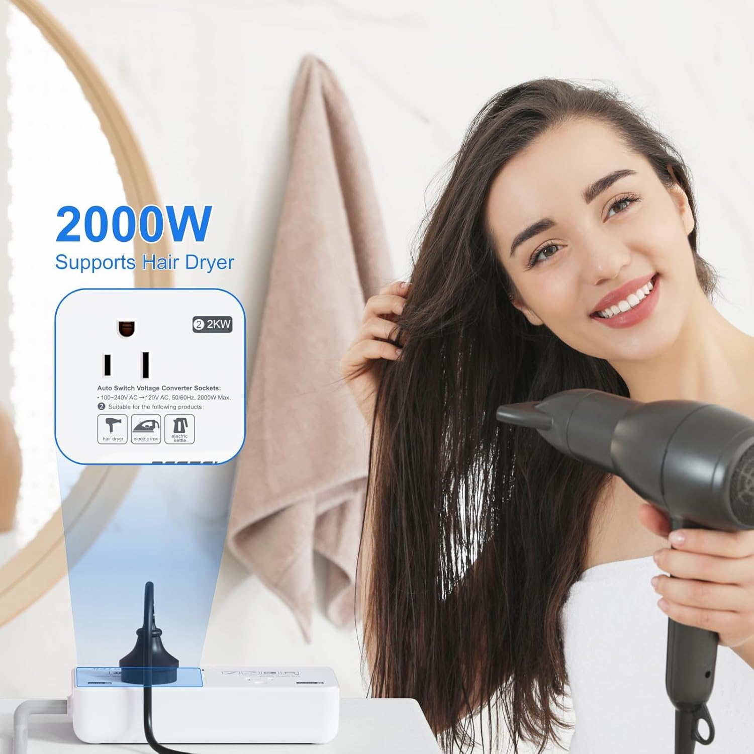 220V to 110V Voltage Converter, BESTEK Universal Voltage Converter US to Europe Travel Adapter with 2 AC Outlets and 3 USB Ports(2 PD35W), for Hair Dryer Straightener