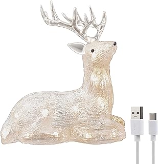 Gloworm YKL-1016, 21.5CM with Acrylic Figure Light Up Reindeer Lighting, 20 Warm White LEDs, 6H Timer Dual Power Supply USB or Battery: 3 x AAA (Not Included) Christmas/Home Decoration Indoor