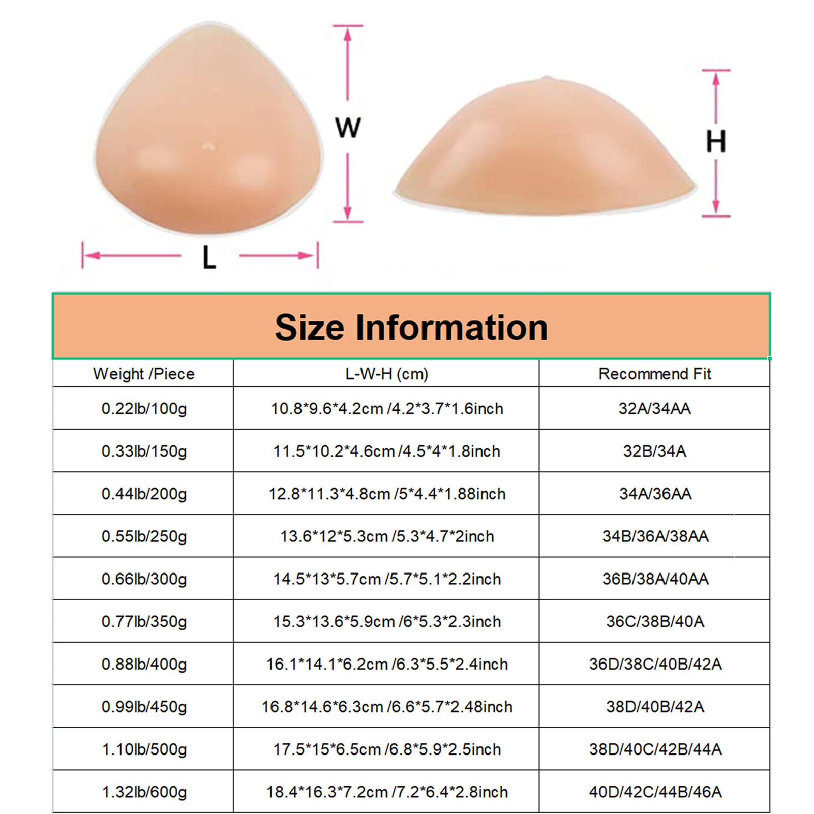 Formes mammaires triangulaires en Silicone, prothèse Auto-adhésive, Mastectomie, Faux Seins, rehausseur de Soutien-Gorge Confortable (1 pièce),250g/Piece