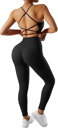 Miniatura 4 de RXRXCOCO Conjuntos de entrenamiento acanalados para mujer, 2 piezas, sin espalda, brasier deportivo con tirantes, leggings a juego, conjunto de yoga