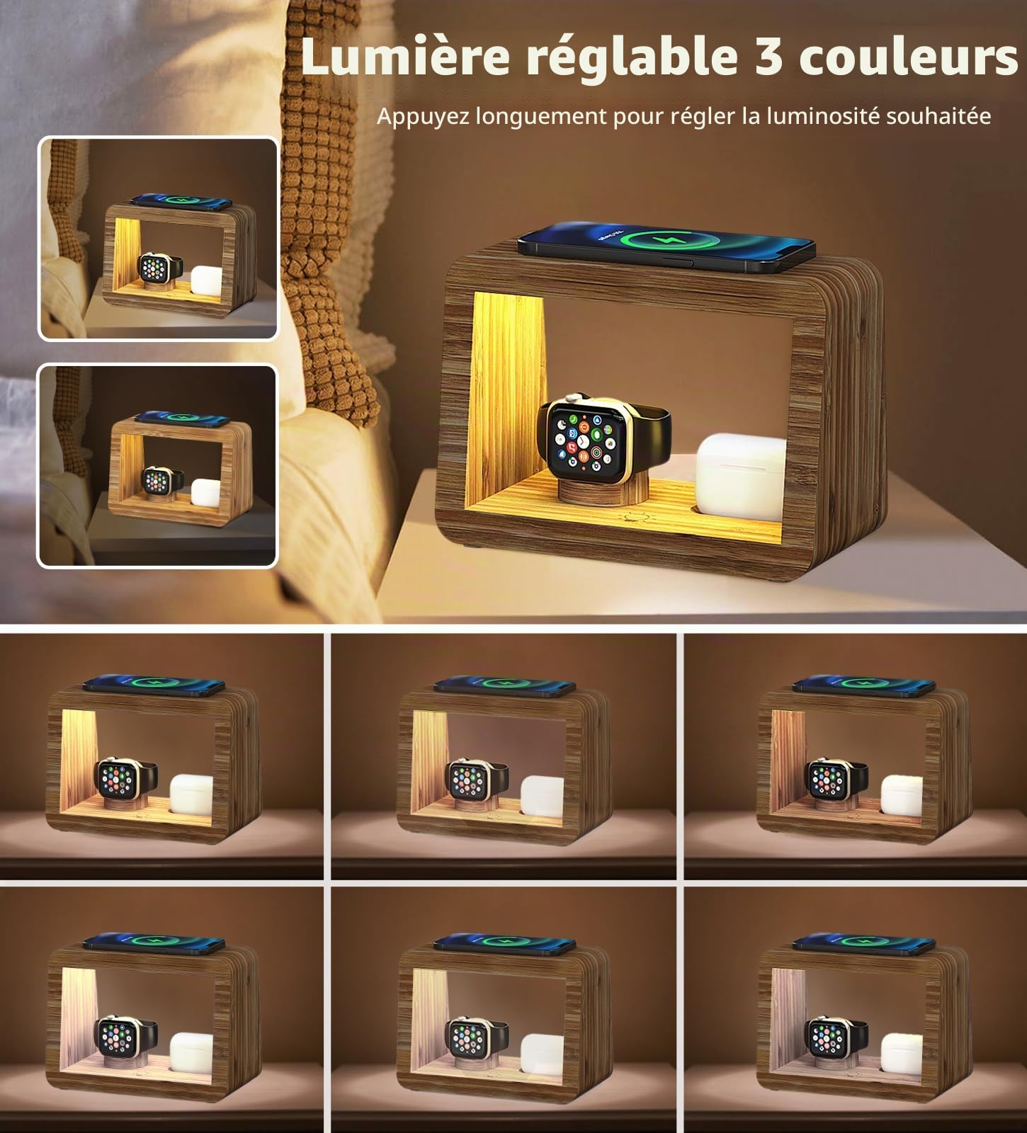 Station de charge sans fil, lampe de bureau Alltripal 15 W, chargeur rapide sans fil, veilleuse avec 3 couleurs et luminosité réglable, station de charge pour iPhone/Apple Watch/AirPods/AirPods Pro