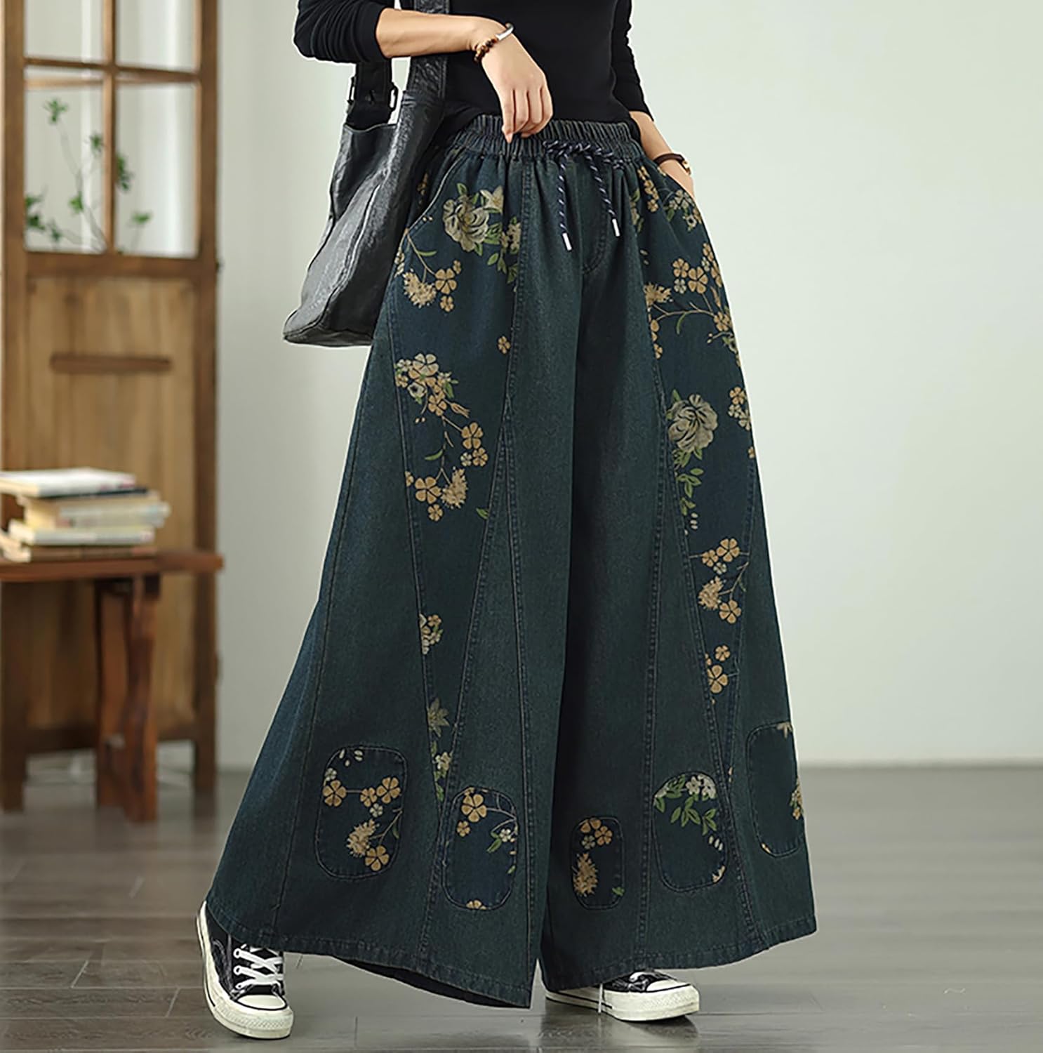 LAI MENG FIVE CATS Women's Casual Loose Denim Wide Leg Baggy Jeans Drawstring Elastic Waist Pants - Image 2