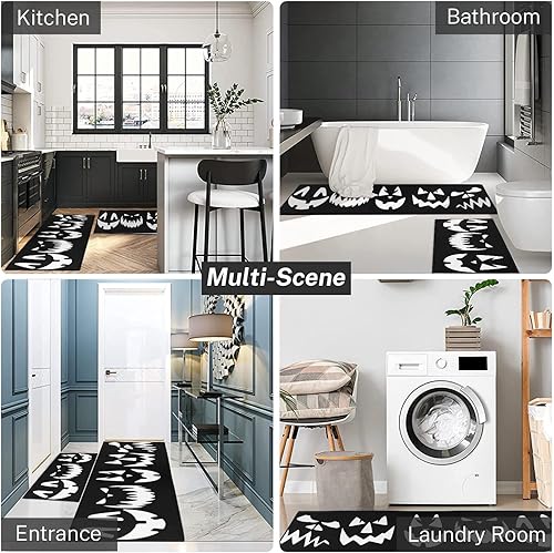 Miniatura 4 de Juego de 2 alfombras y tapetes de cocina de Halloween, antideslizantes, lavables, caras de calabaza de Halloween, tapetes de cocina para piso,