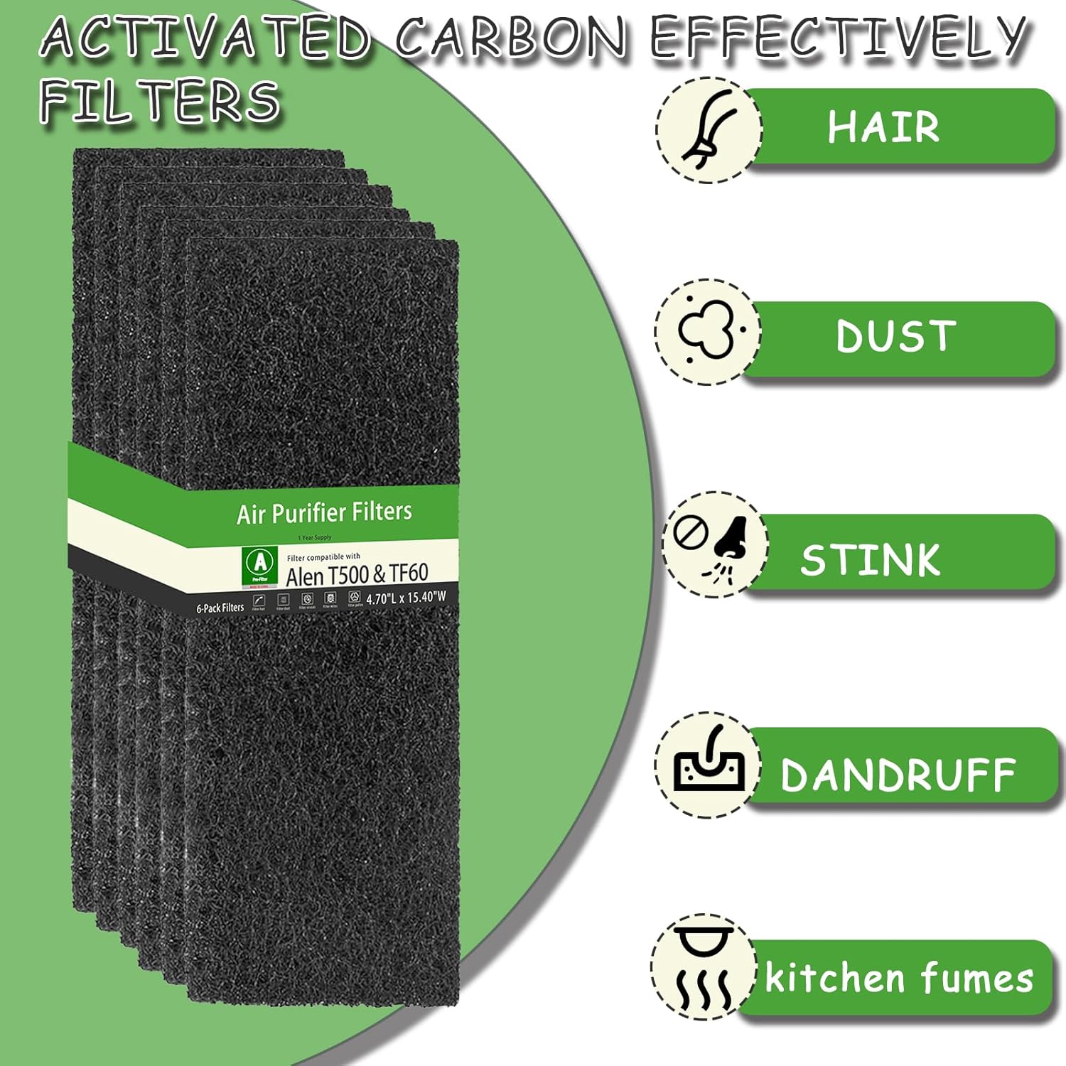 6 Pack Replacement Filter Compatible with Alen T500 TF60 Air Purifier,Activated Carbon Pre-Filter Replacements for Alen T500 Replacement Filters, Captures Dust,Odors - Image 2