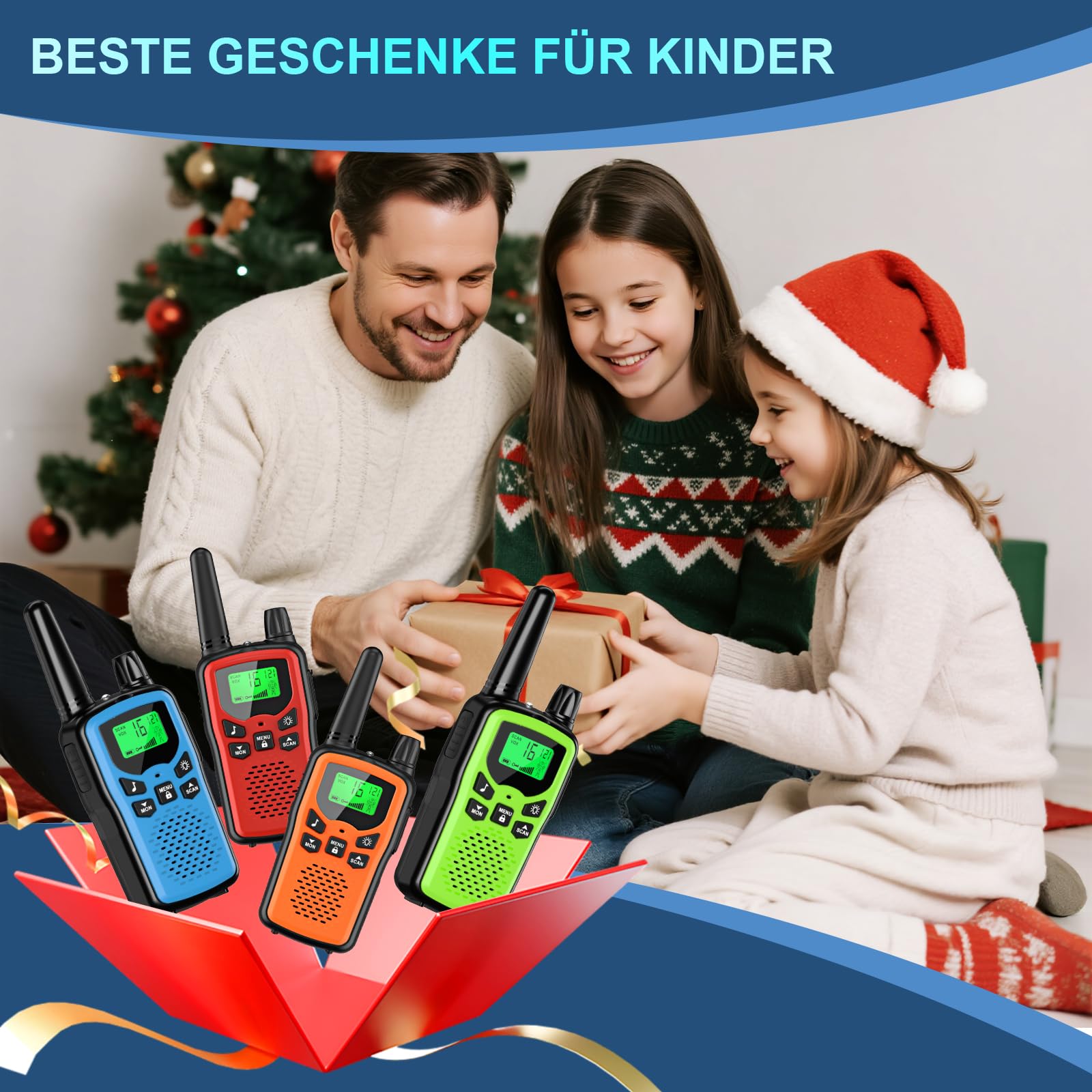 Walkie Talkie Kinder 4er Set, Walky Talky mit 1200mAh Aufladbar Akku, Große Reichweite 5km Walki Talki mit Li-ion Akku, Funkgeräte mit 16 Kanäle für Camping, Freien, Wandern