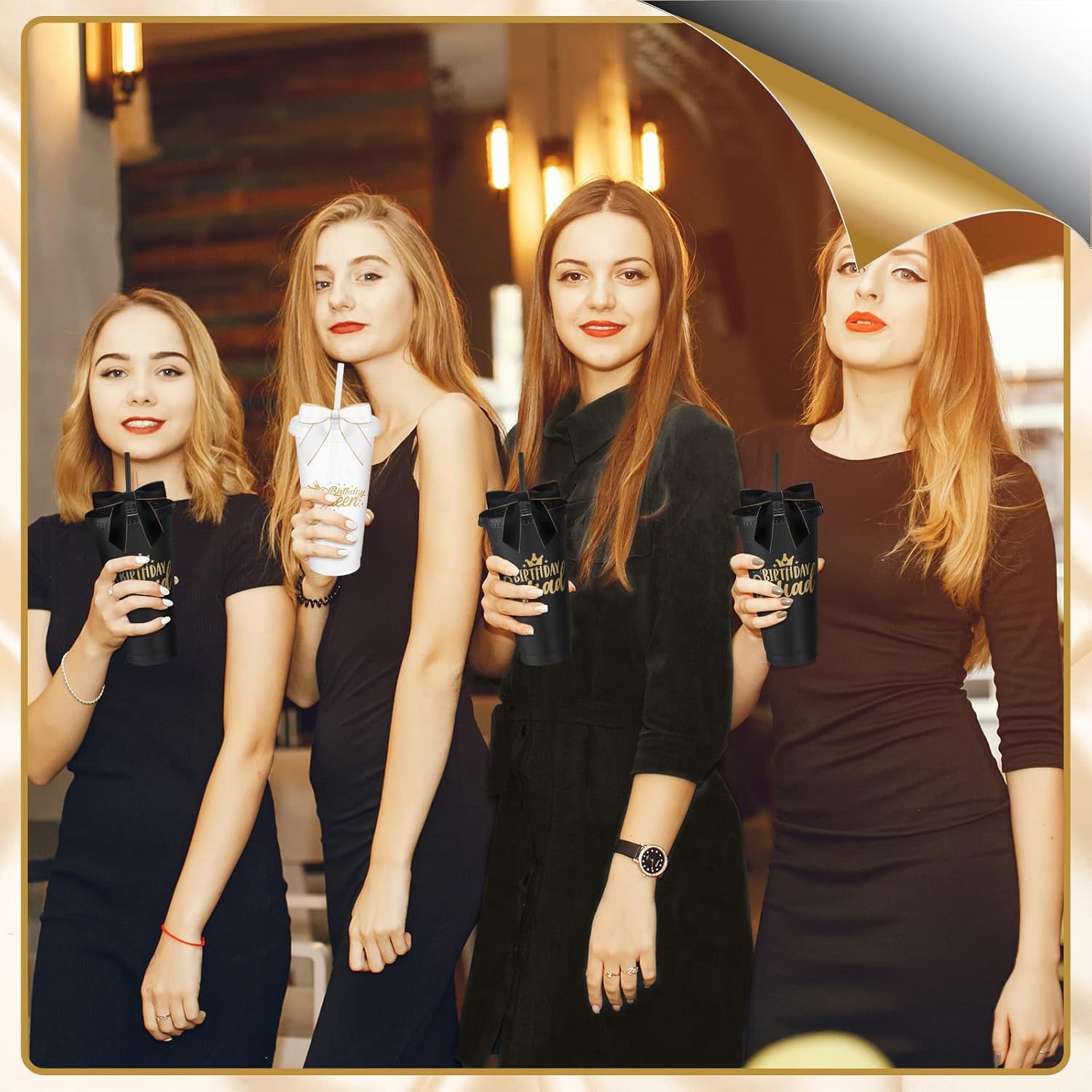 8 Set Birthday Party Glitter Tumblers 24 oz Birthday Squad Queen Plastic Tumblers with Lid Straw and Twist Bow for Squad Party Favor Decorations for Women(White,Black) - Image 6