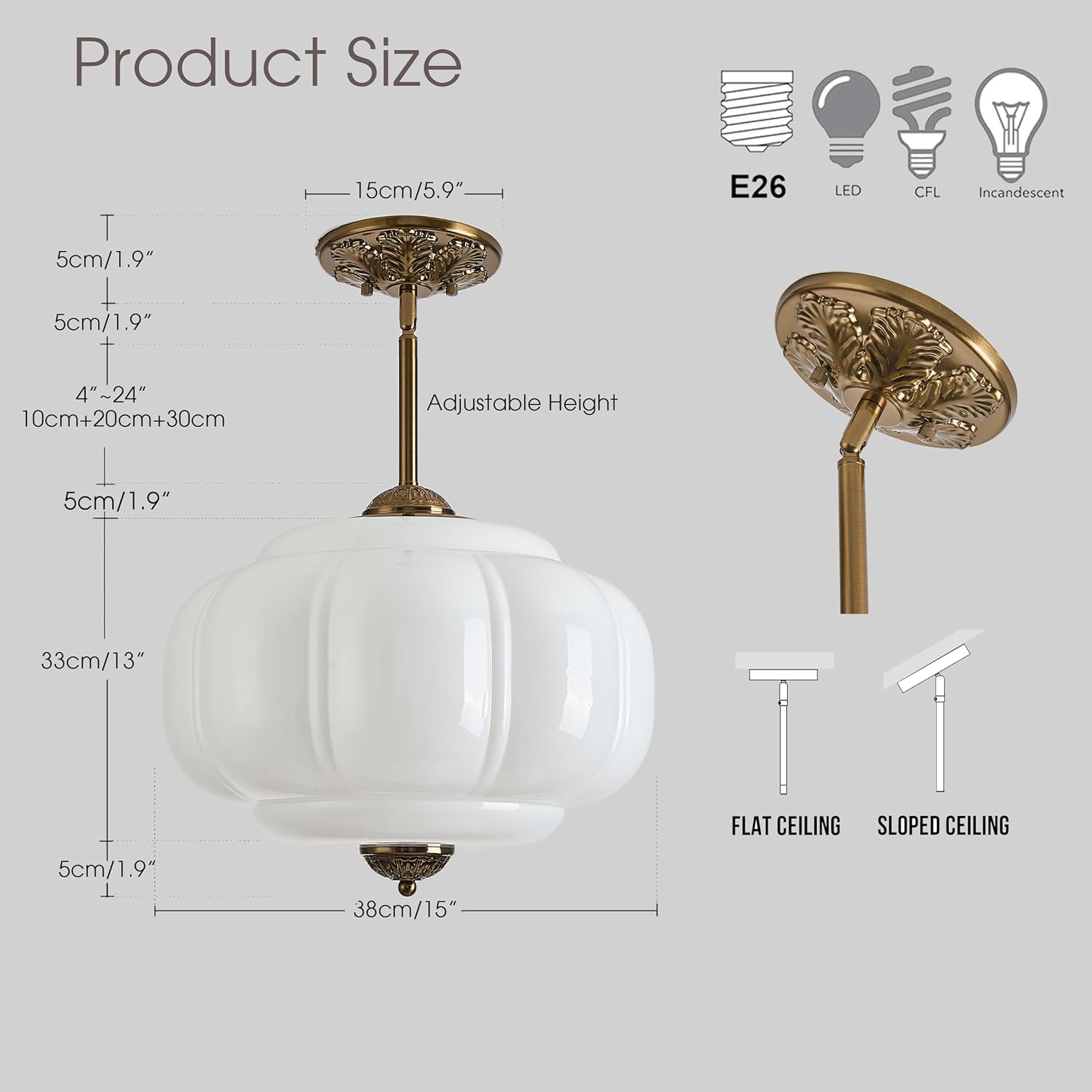Milk Glass Ceiling Light Fixture, 15" Vintage Semi Flush Mount Pendant Light with Antique Brass Finish, Schoolhouse Light Fixture - Antique Chandelier for Kitchen, Hallway, Dining Room