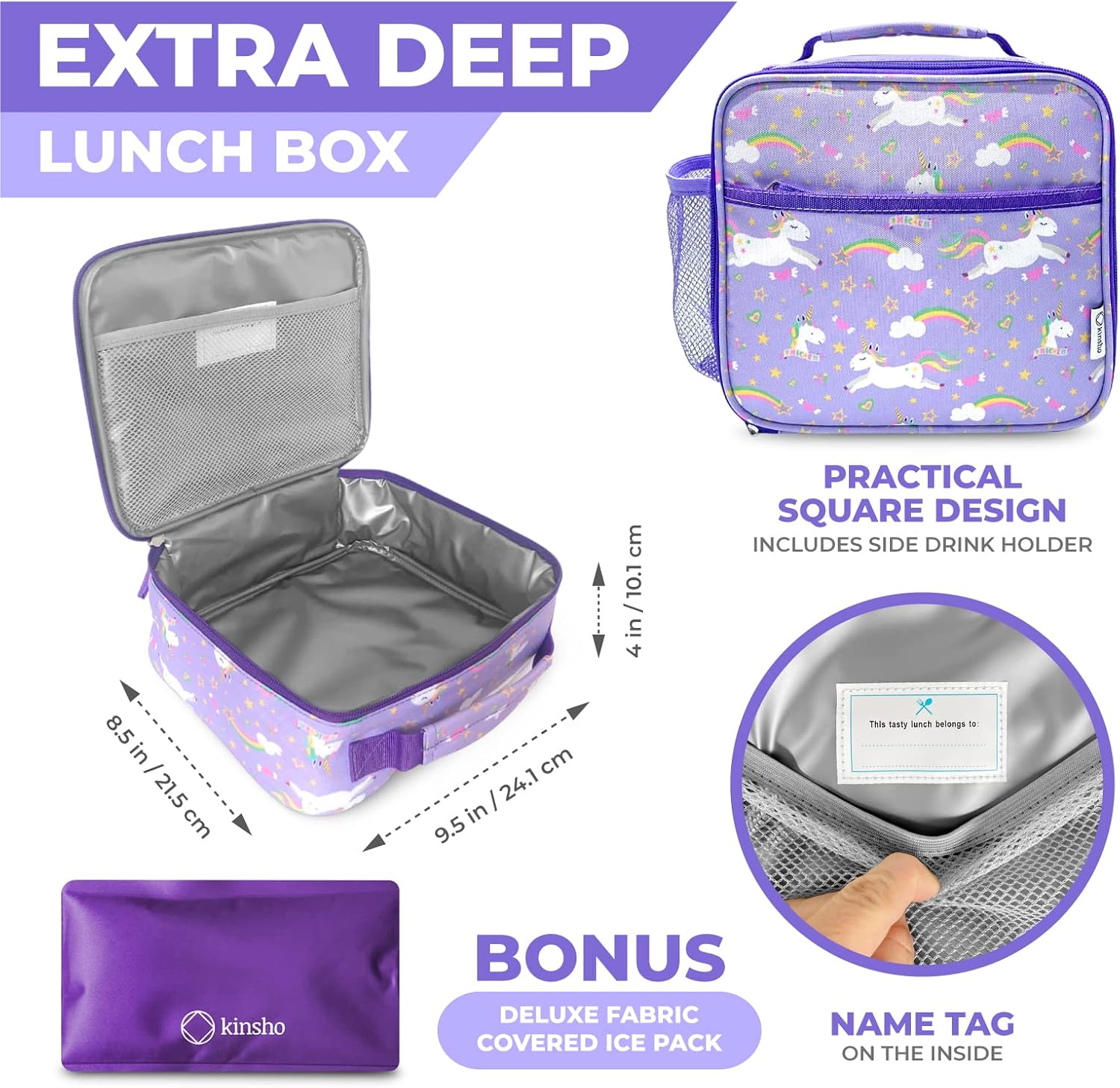 kinsho Bundle of Bento Lunch Box for Kids Toddlers Girls Ages 3 to 5, (Purple Unicorn) + Lunch Bag for Girls with Ice Pack (Purple Unicorn)