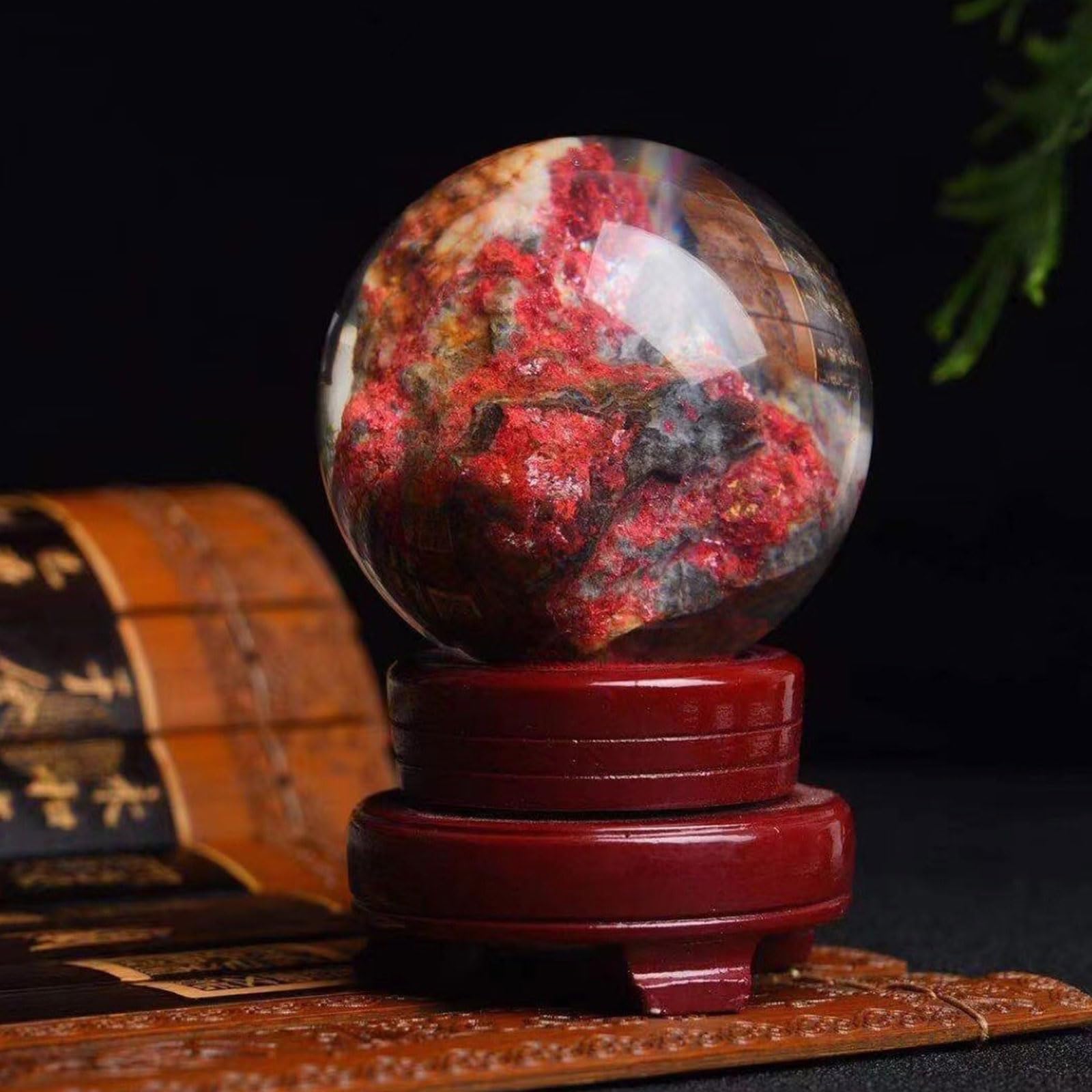 Gran Bola de Cristal de curación - Sphere de ornamería de Cuarzo Natural Cinnabar - Decoración de Piedra Pulida con Soporte de Madera para la adivinación y decoración del hogar,10cm/3.9"